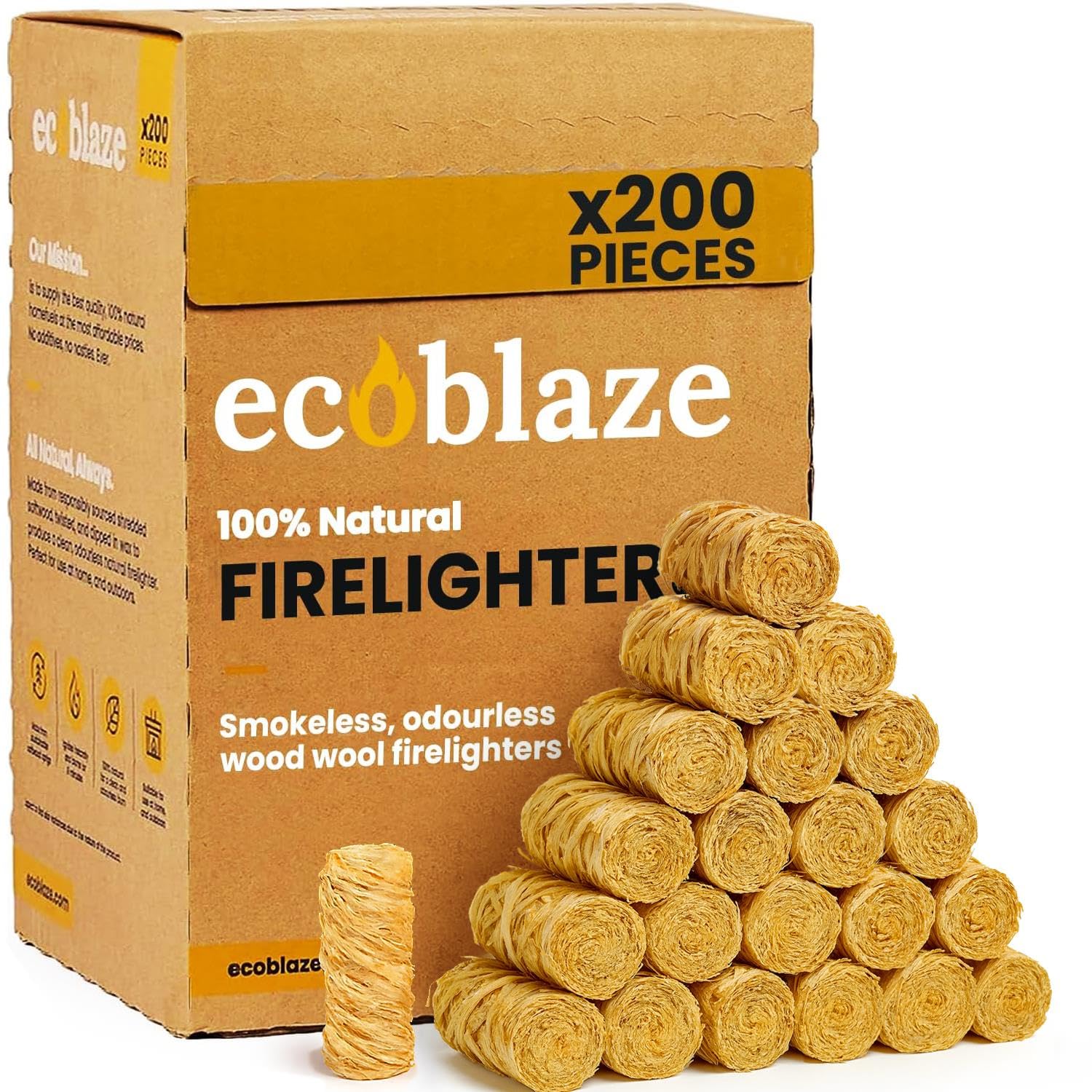 Ecoblaze 200 Natural Firelighters ​​- Fire Lighters for Wood & Log Burners - Wood Wool Fire starters for BBQ & Pizza Oven Firestarters - Safe, Clean & Odourless Wax Coated Instant Firestarters