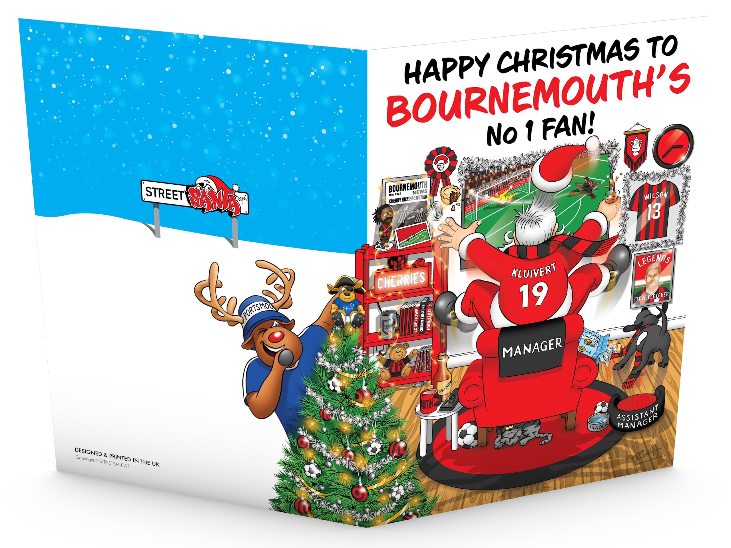 Football Christmas Card for Bournemouth Fans Pack of 6 Cards Santa Jumping Out of Chair to Support Team Funny Rear of Card Showing Rudolph Supporting Rival Club Large A5 Made in UK - Image 4