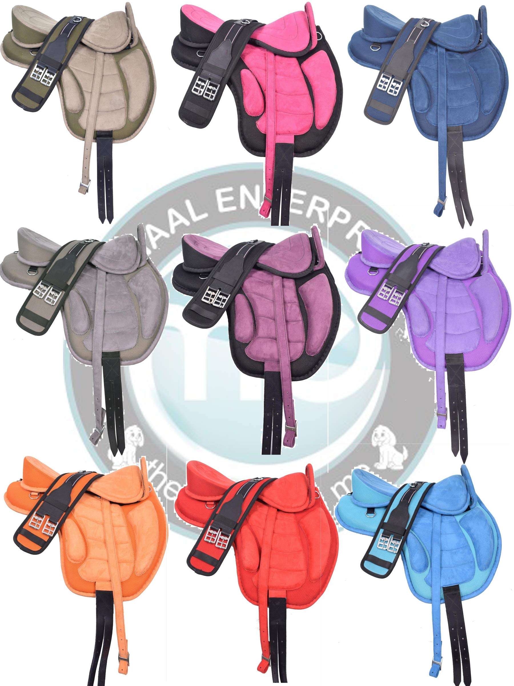 RAJ INTERNATIONAL Multicolored Youth Child Synthetic Treeless FREEMAX English Pony Miniature Horse Saddle with Handle + Girth & Leather Straps Size 10 to 12 Inch Seat