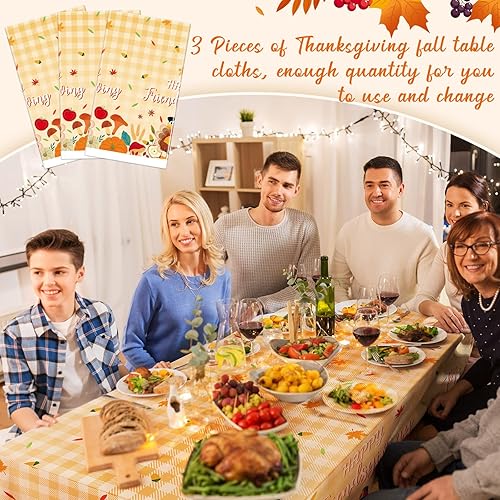 Miniatura 6 de Mantel de 3 piezas con texto en inglés Happy Friendsgiving ipara Acción de Gracias, suministros de fiesta de Acción de Gracias, pavo y hojas de
