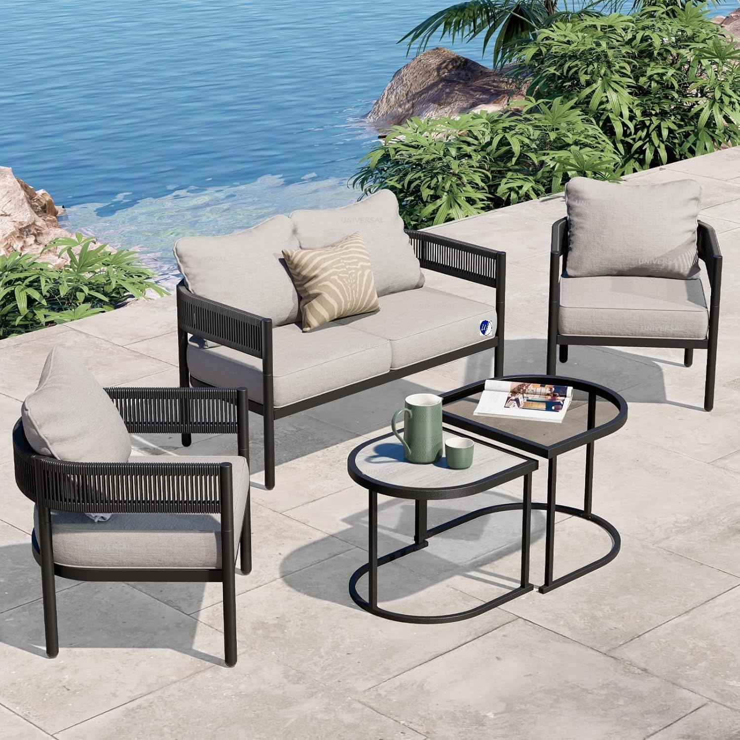 UF Outdoor 4 Seater Sofa Set with Center Table Braid & Rope Sofa for Garden, Balcony, Terrace & Living Room Comes with Weather and Water Resistance - (Black Grey)-image-47
