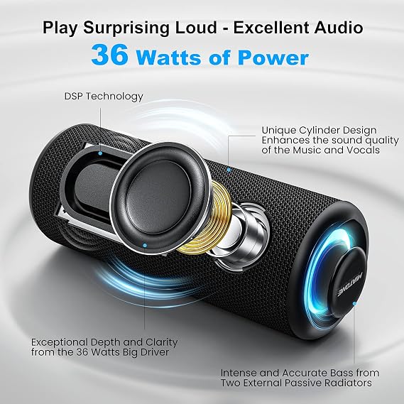 MIATONE Bluetooth Speakers 36W TWS Portable Speaker with Stereo Sound Bass, Bluetooth 5.3 Wireless USB Type C Outdoor, 5000mAh 24H Playtime for Present, Boy Friend Gifts for him (Black)