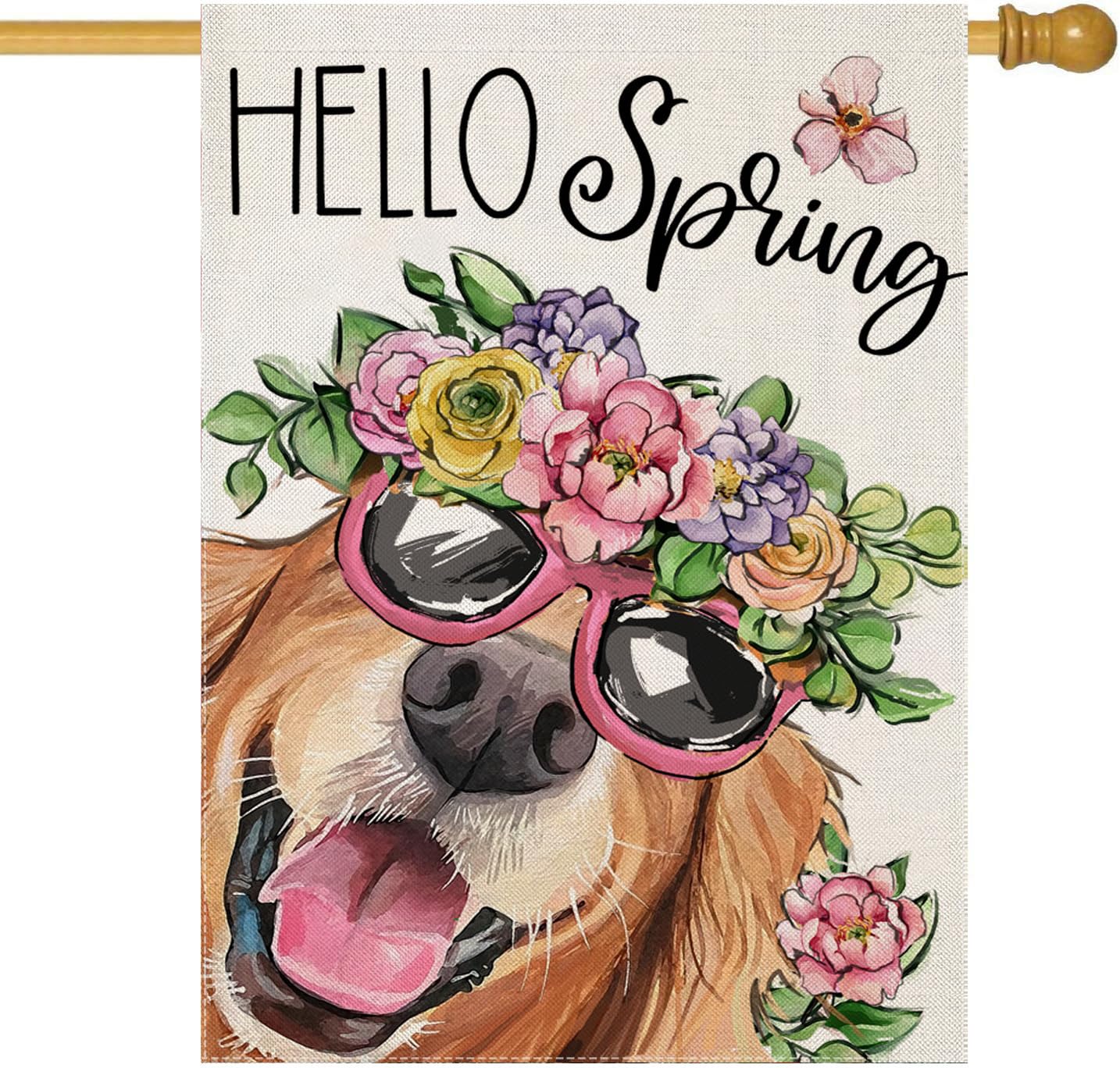 EKOREST Hello Spring House Flags for Outdoor Decoration, Dog with Flowers Hat Large Yard Flag, Seasonal Decorative Celebration Decor for Summer Farmhouse Holiday Outside 28x40 Inch Vertical Double-image-10