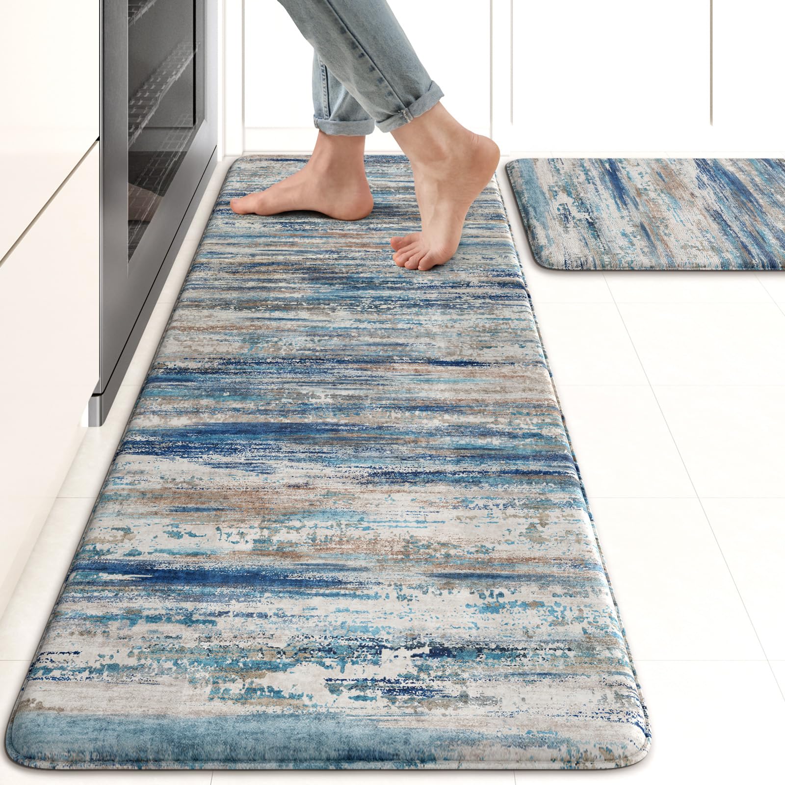 KIMODE Christmas Anti Fatigue Kitchen Mats for Floor 2 Piece, Blue Grey Farmhouse Kitchen Rugs 17"x47"+17"x29", Non Slip Waterproof Kitchen Floor Mats, Standing Mats for Laundry Office Sink Desk