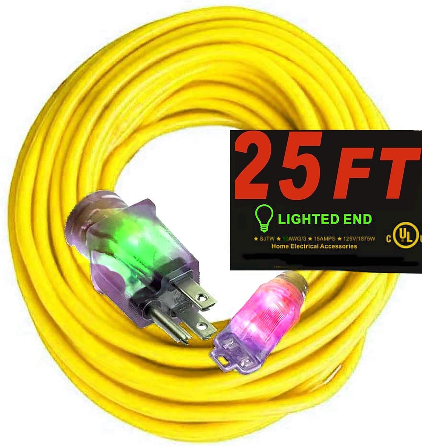25 ft Extension Cord 12 Gauge Heavy Duty Indoor Outdoor SJTW Lighted Extension Cord
