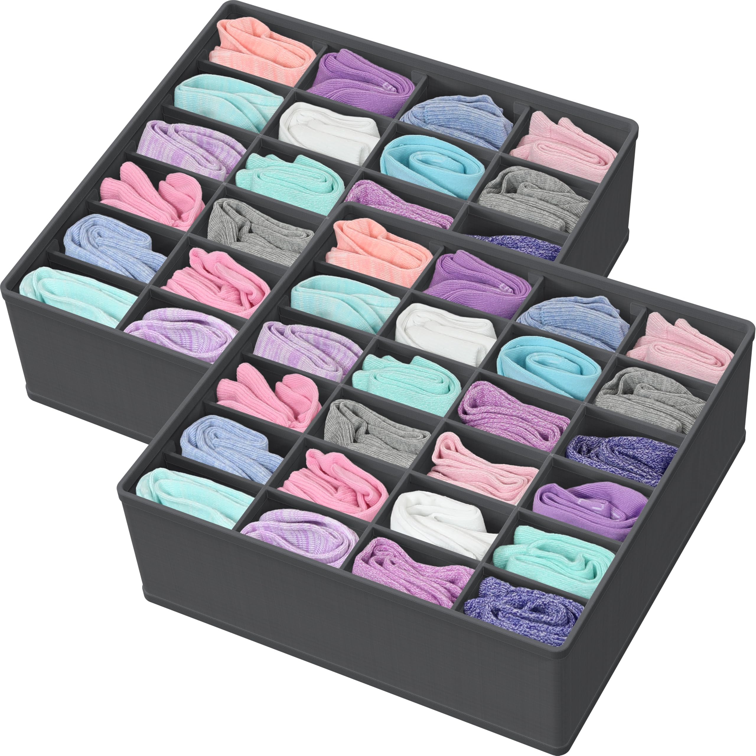 Simple Houseware 2 Pack Closet Socks Organizer, 24 Cell Drawer Divider, Dark Grey