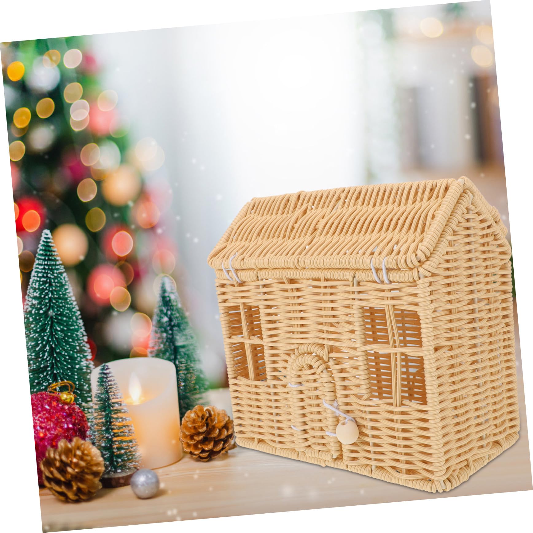 Cesta de Dulces Navideña Hecha Mano con Asa Canasta Tejida de Ratán Imitación con Forma de Casa para Dulces Bocadillos Regalos de Fiesta y Uso de Decoración Casa