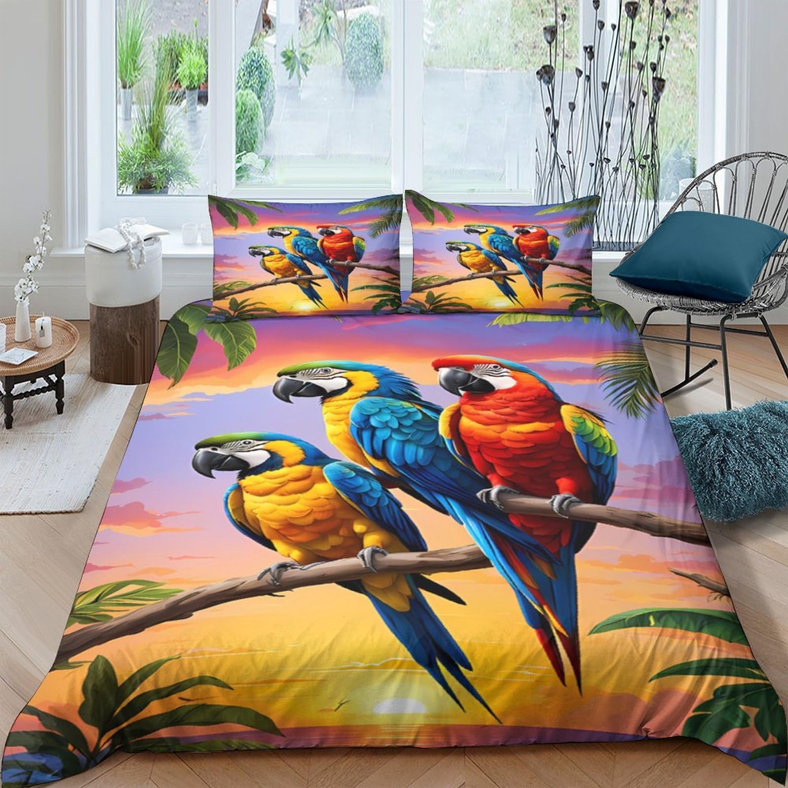 Ctjqhvkz Style-4 3D Printed Tropical Parrot Fitted Sheet Microfiber Soft Bed Cover Jungle Bird Mattress Cover For Bedroom Decor Single（135X200cm）