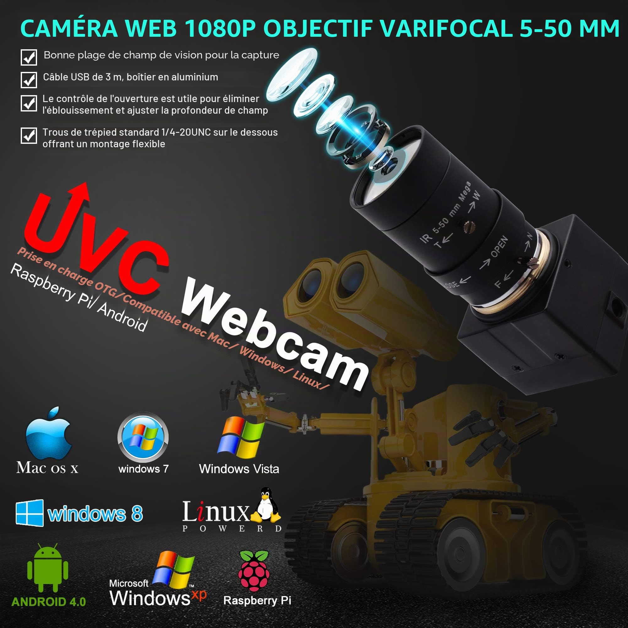ELP Caméra 1080P 5-50 mm 10x Zoom Optique Manuel, USB 2 MP Avec Capteur CMOS OV2710, Streaming à Taux d'Images Élevé, Enseignement, Webcam Pour OpenCV Window/Linux/Raspberry Pi