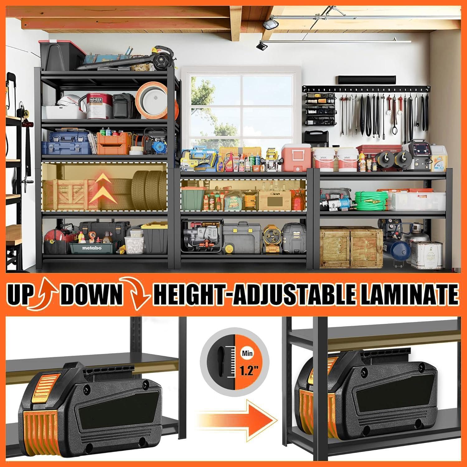Garage Shelving Unit 3000 LBs Storage Shelves Heavy Duty, 5 Tier Adjustable Metal Shelf Organiazation Industrial Storage Racks Utility Shelf for Tools Garage Basement Warehouse 39.4"W*17.7"D*71.2"H