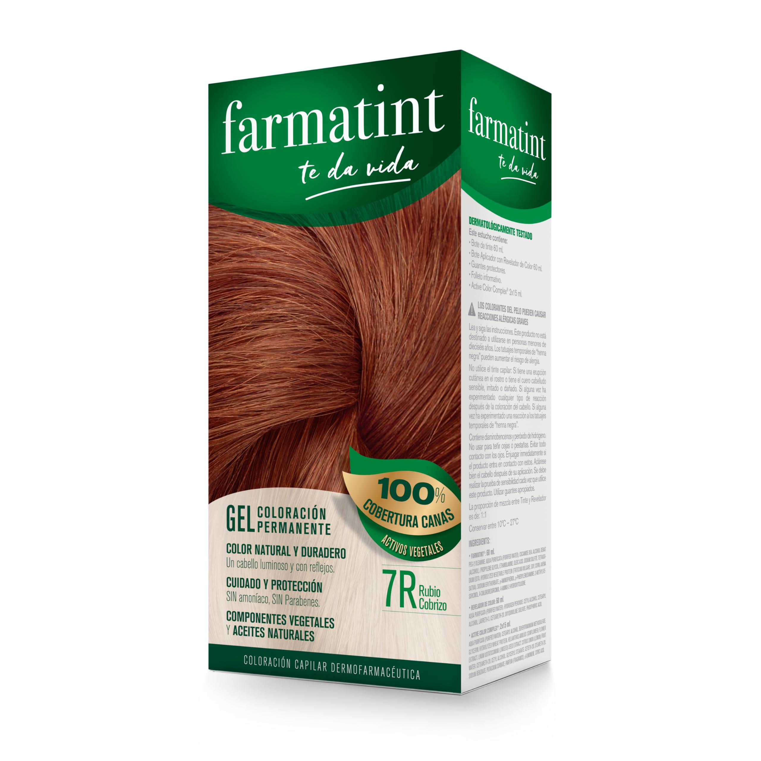 Farmatint Gel 7R Rubio Cobrizo, Tinte Vegetal Permanente, Sin Amoníaco, Cobertura Completa de Canas, Cuida y Protege tu Cabello, Unidad de 135ml