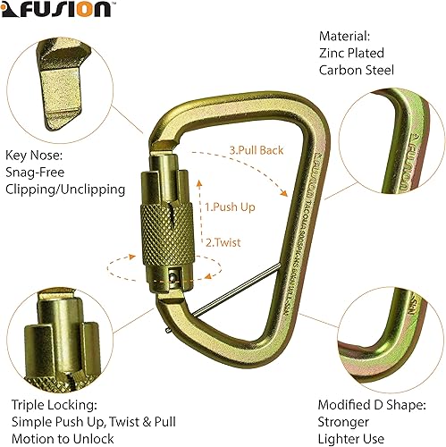 Miniatura 4 de Fusion Climb Tacoma, cerradura triple de acero con mosquetón en forma de D modificado con nariz de llave (FP-9005-TPKHS-BLK)