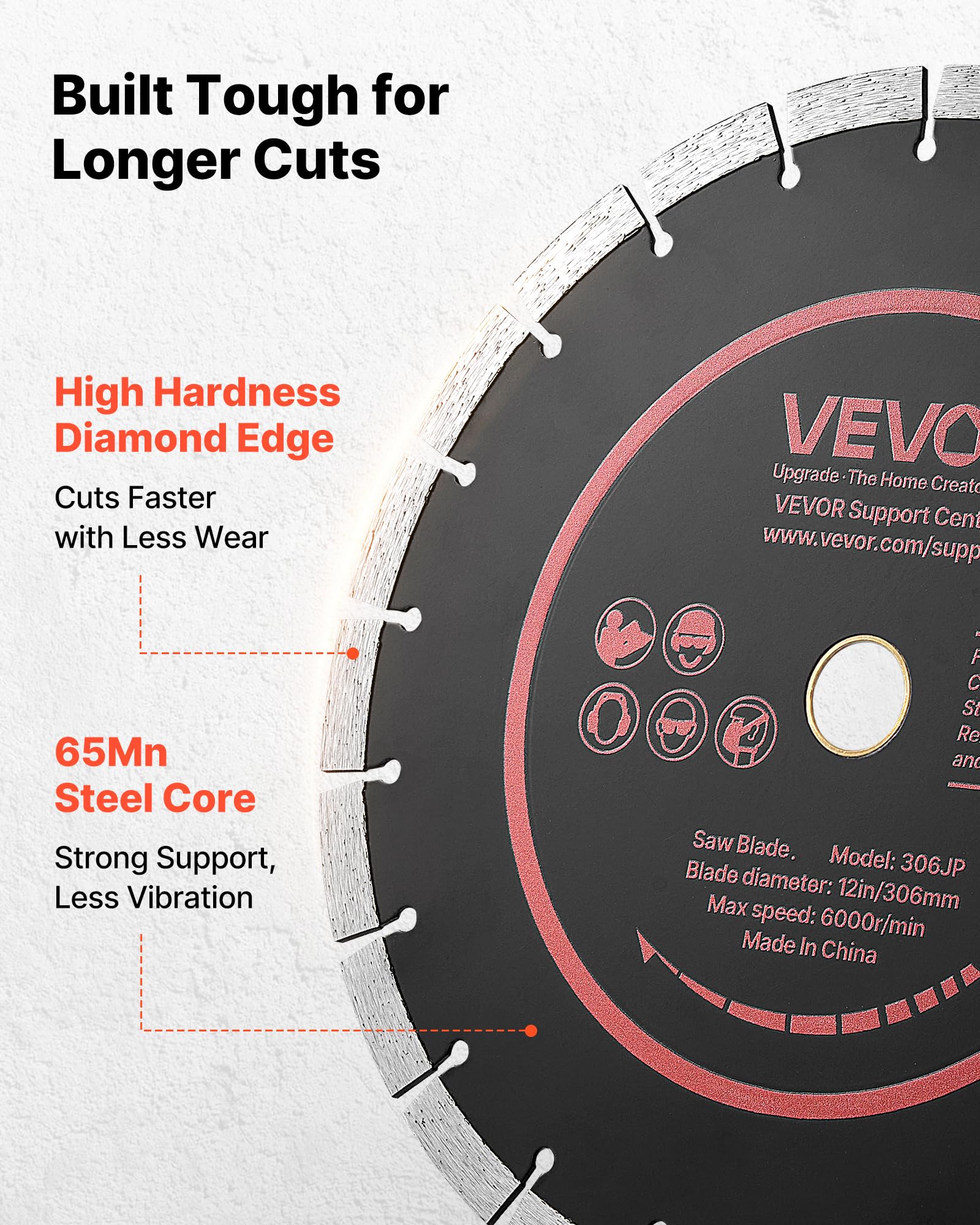 VEVOR Disco de Corte de Diamante 306 mm, Juego de 3 Piezas, Disco para Rozadora de Pared con Segmentos 2 mm, Eje 25,4 mm, Núcleo de acero 65Mn para Ladrillo Hormigón Mampostería Cableado y Tuberías