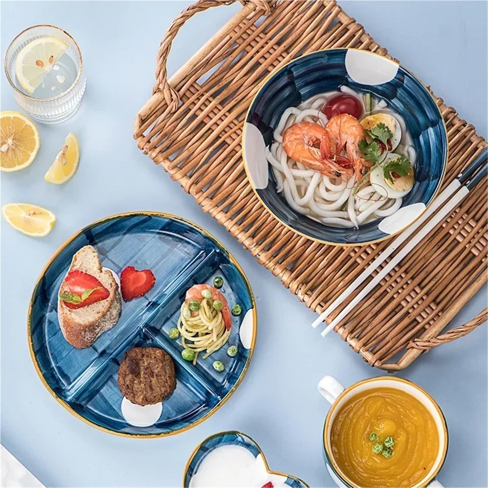 Assiette Porcelaine Assiette à dîner en céramique, assiette à trois compartiments, assiette de petit-déjeuner familiale for 1 personne, assiette à séparation quantitative réduisant les graisses(8 inch