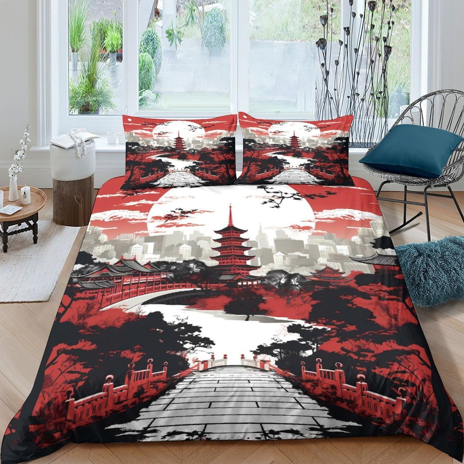 GPLZQXKJNH 3D Printed Red Japanese Pagoda Duvet Cover Microfiber Breathable Sunrise Landscape Bedding Set with 2 Pillowcases for Bedroom Decor Single（135x200cm）