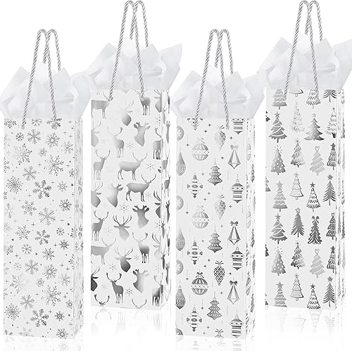 Miniatura 7 de Paquete de 32 bolsas de regalo de papel kraft de Navidad con asa de papel de seda metálico dorado champán con 4 diseños para vacaciones de invierno,