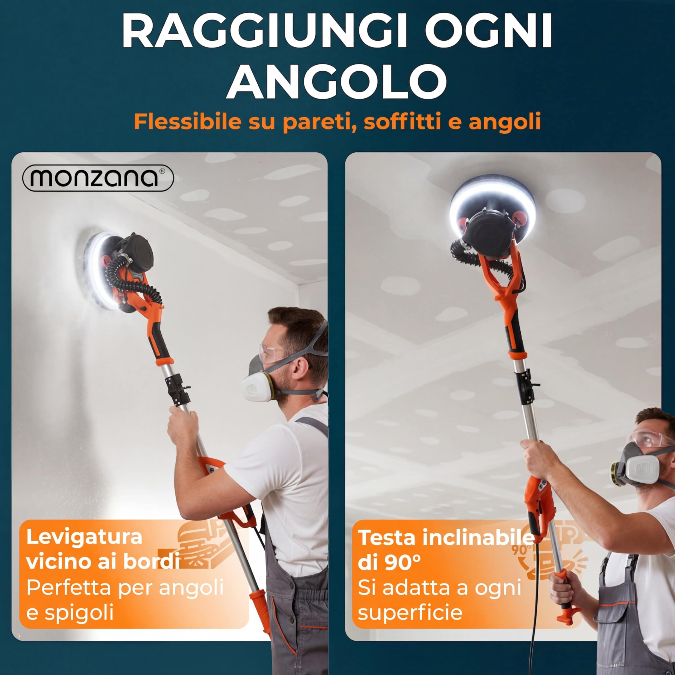 MONZANA® Levigatrice Muro 750Watt Telescopica Cartongesso Giraffa Levigatura Professionale Pareti 12 Dischi Abrasivi Carteggiatrice Soffitti Orbitale