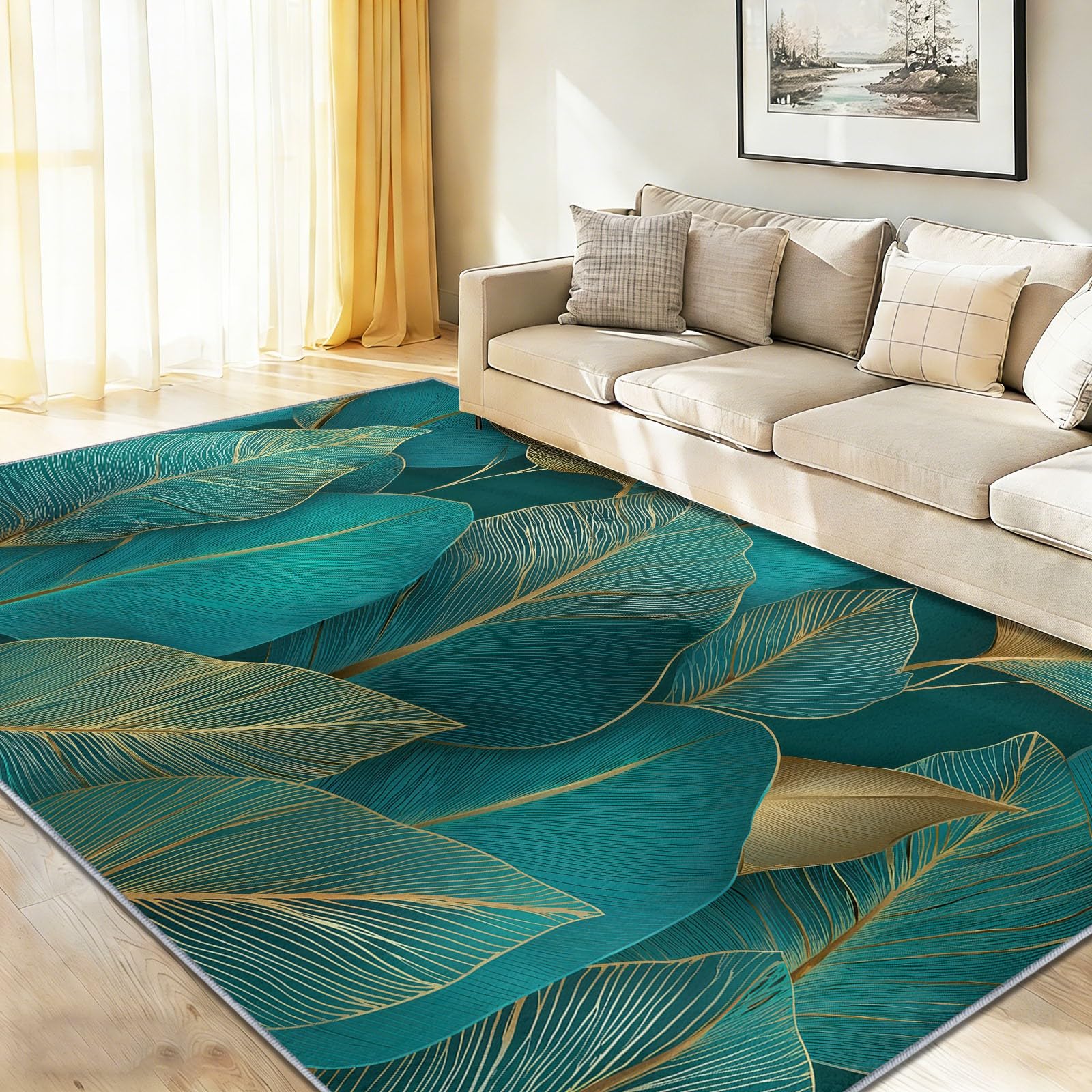 Luxe Moderne Léger Tapis Salon Poil Ras, 160 x 230 cm Minimaliste Bleu-Vert Botanique Feuilles Tapis de Salon et Doux, Tapis Chambre Adulte Descente Antidérapant Moquette Salon pour Salle à Manger