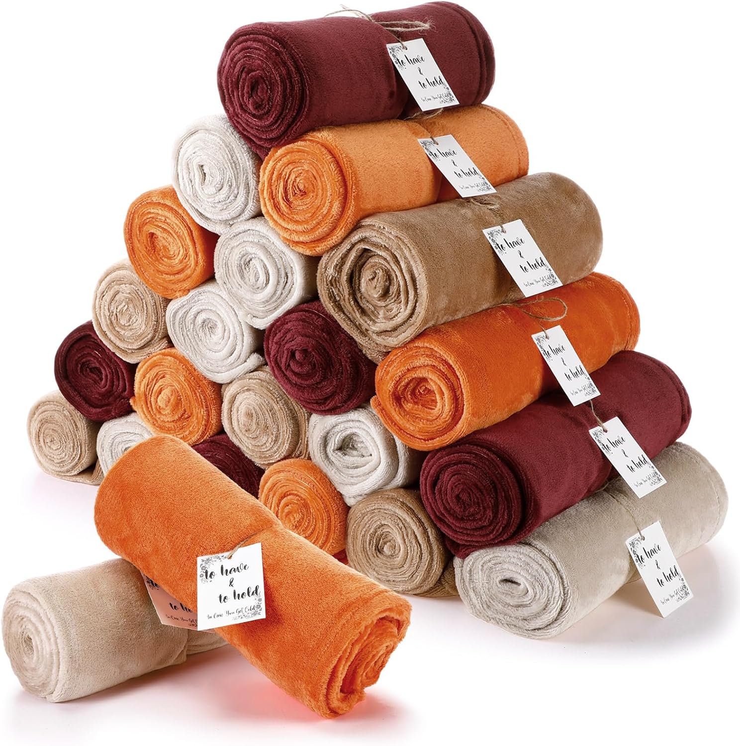 24 Pack Flannel Throw Blankets Bulk 50 x 60 Inch Wedding Fleece Blankets with Thank You Card Soft Blanket for Winter Valentines Guests Sleepover Spa Gifts, 4 Colors (Shades of Terracotta)