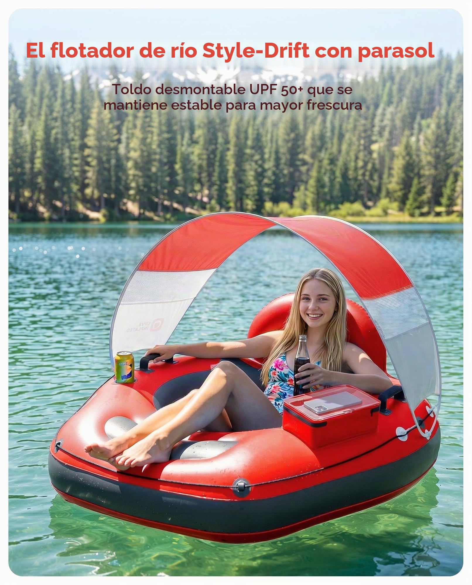 QPAU flotador de río inflable de 46 pulgadas con toldo solar extraíble, flotador resistente para adultos, reposapiernas ergonómico y respaldo, bolsa impermeable y portavasos, ideal para ríos, lagos