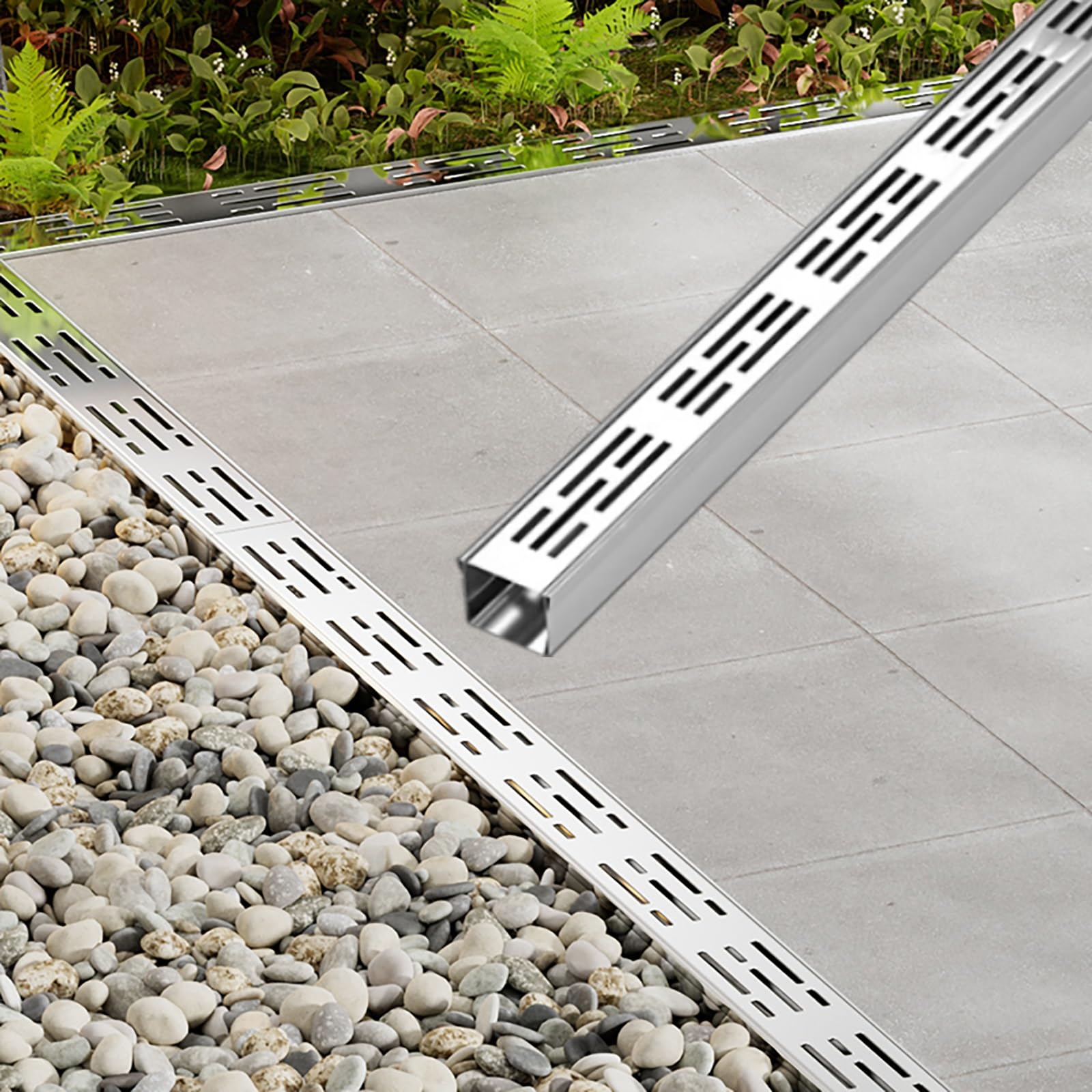 Kit de caniveau linéaire en Acier Inoxydable - Couvercle Amovible pour terrasses, trottoirs et sols en béton (10 x 4 cm) - Système de Drainage extérieur Efficace