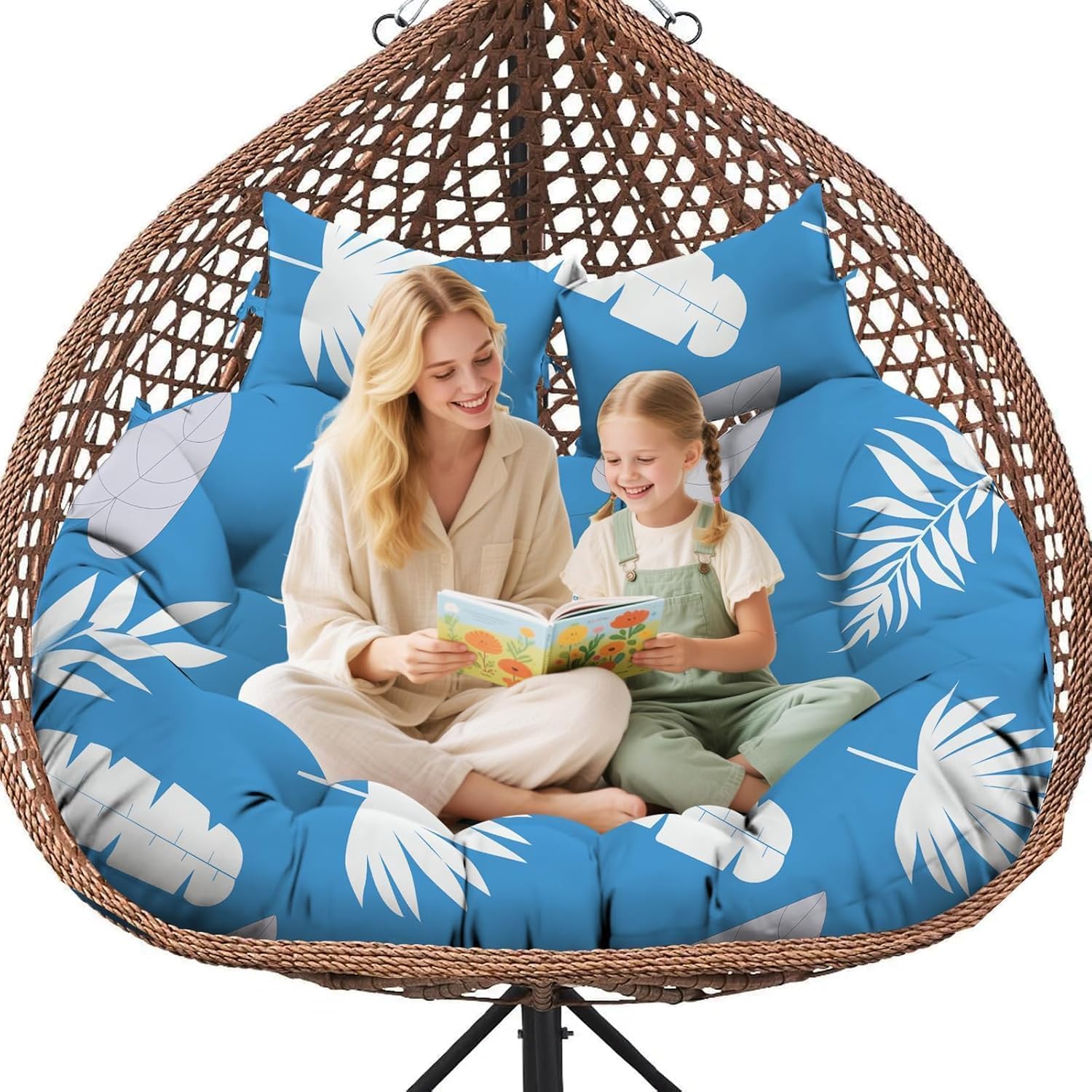 joomie Double Hanging Egg Chair Cushion Replacement Waterproof for Outdoor Patio Basket Egg Chairs, 150x110 cm–2 Seater Premium Thickened 100% Cotton Large Double Swing Chair Cushions, Blue Leaf