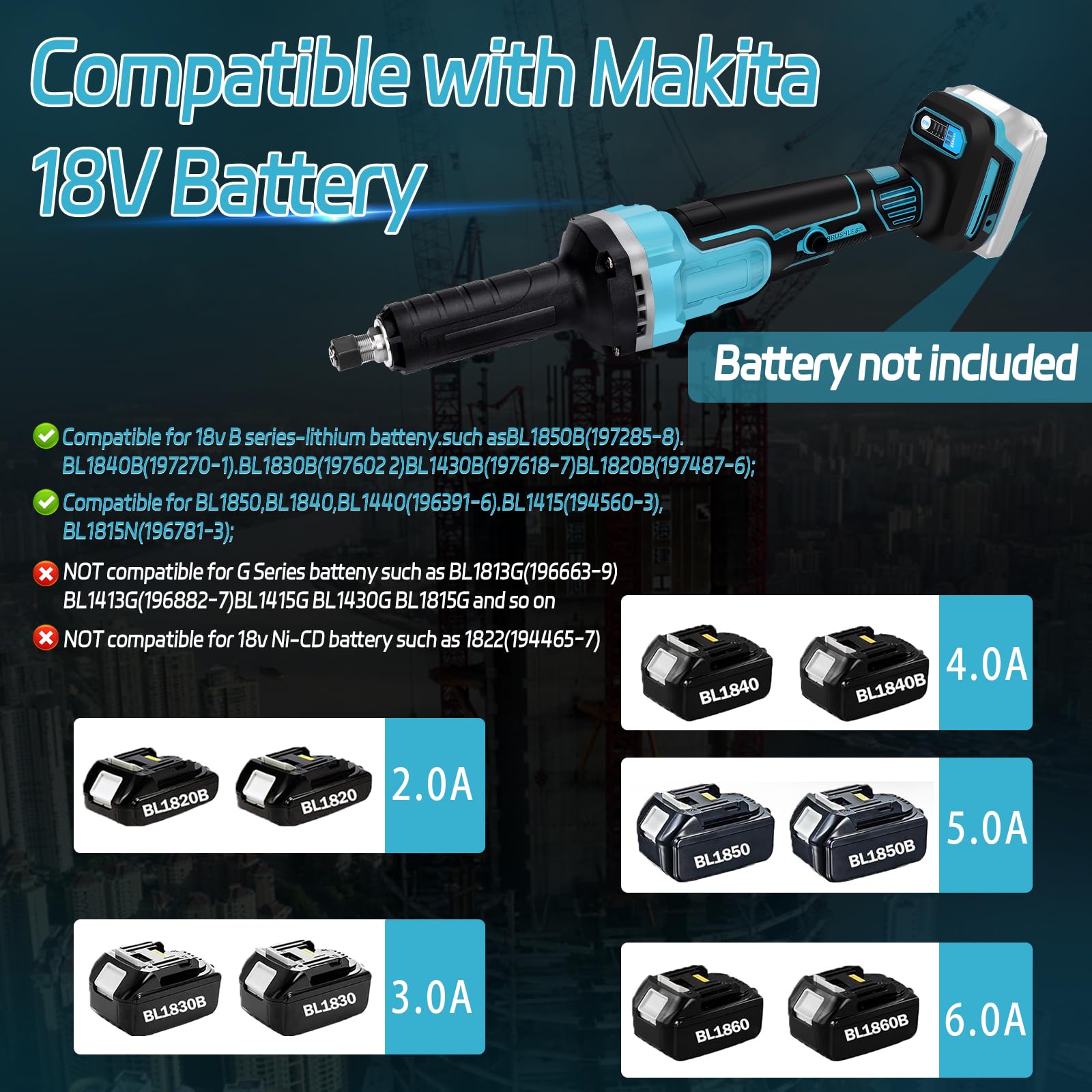 Smerigliatrice dritta batteria, compatibile con Makita 18 V, smerigliatrice professionale senza spazzole, mandrino 6 mm, 4 velocità variabili
