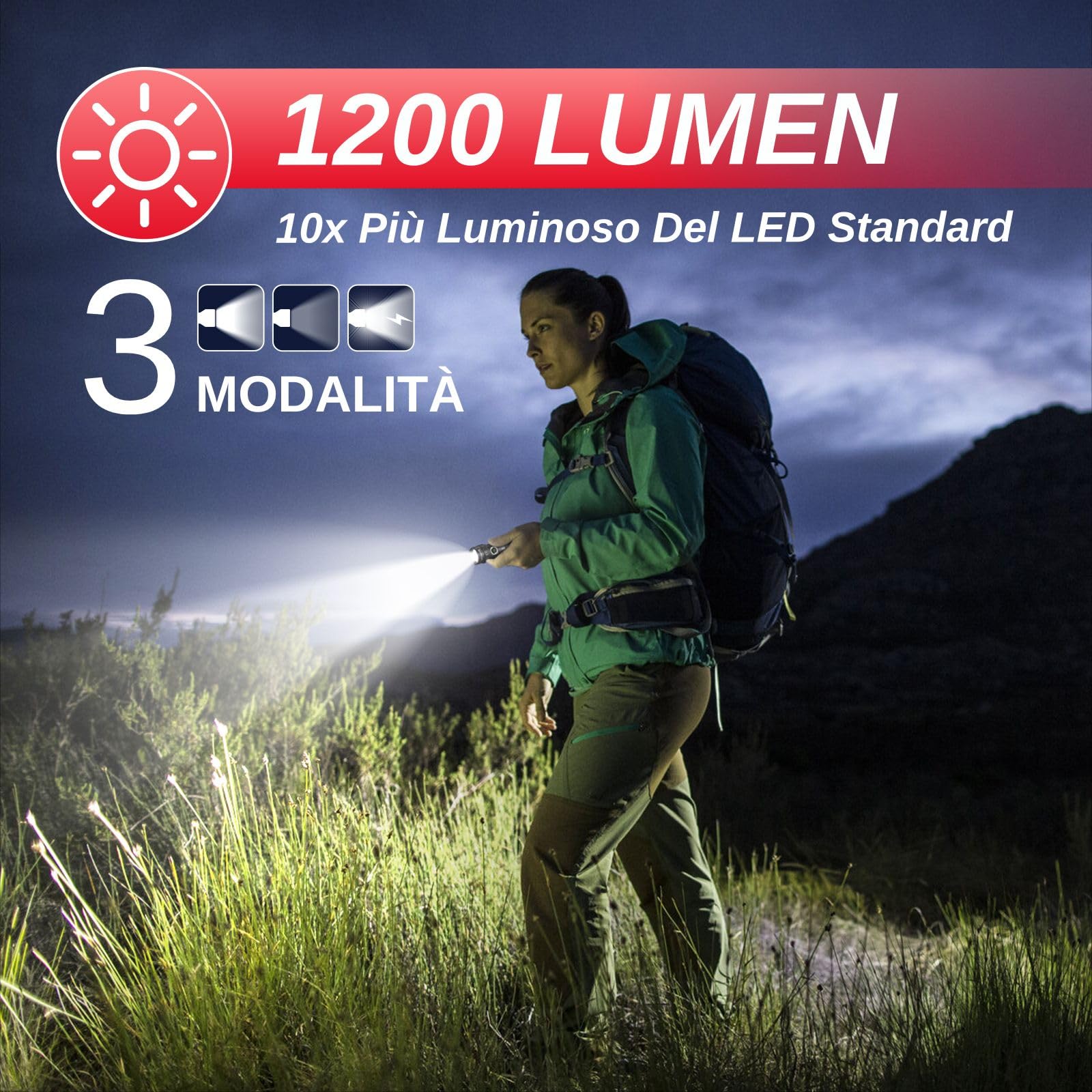 UltraFire Torcia Tattica con Fondina, 1200 Lumen, Torcia Ricaricabile per la Polizia con Fondina per Cintura, 3 Modalità LED, Torcia per Sicurezza, Campeggio, Soccorso, UF3