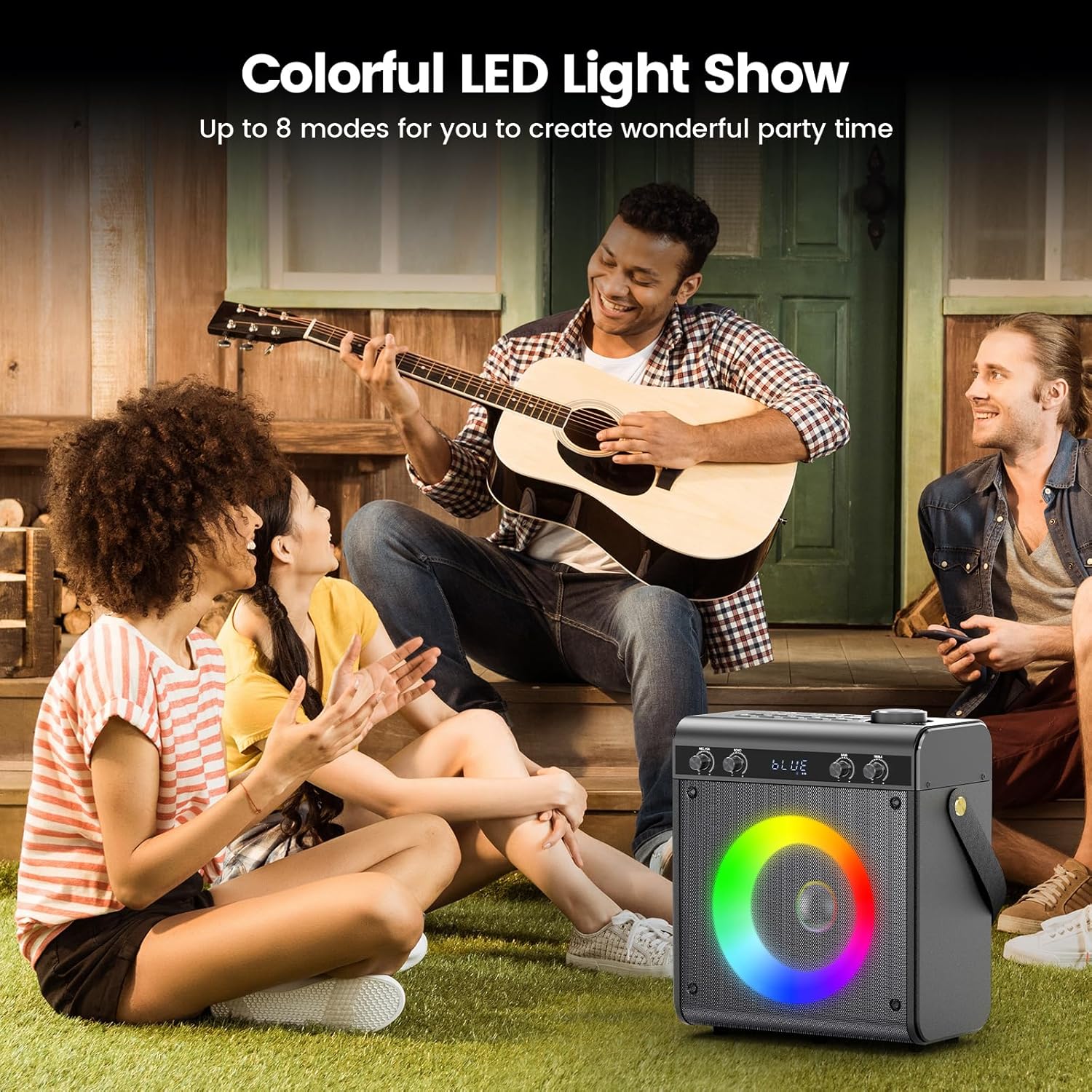 Karaoke Machine with 2 Wireless Microphones, Portable Bluetooth Speaker for Adults Kids with Bass Treble Echo PA System with Remote,LED Light, Supports TF Card,USB,AUX in,TWS,FM,REC for Party Gray image 7 of 8 B0DFPWJ3T3