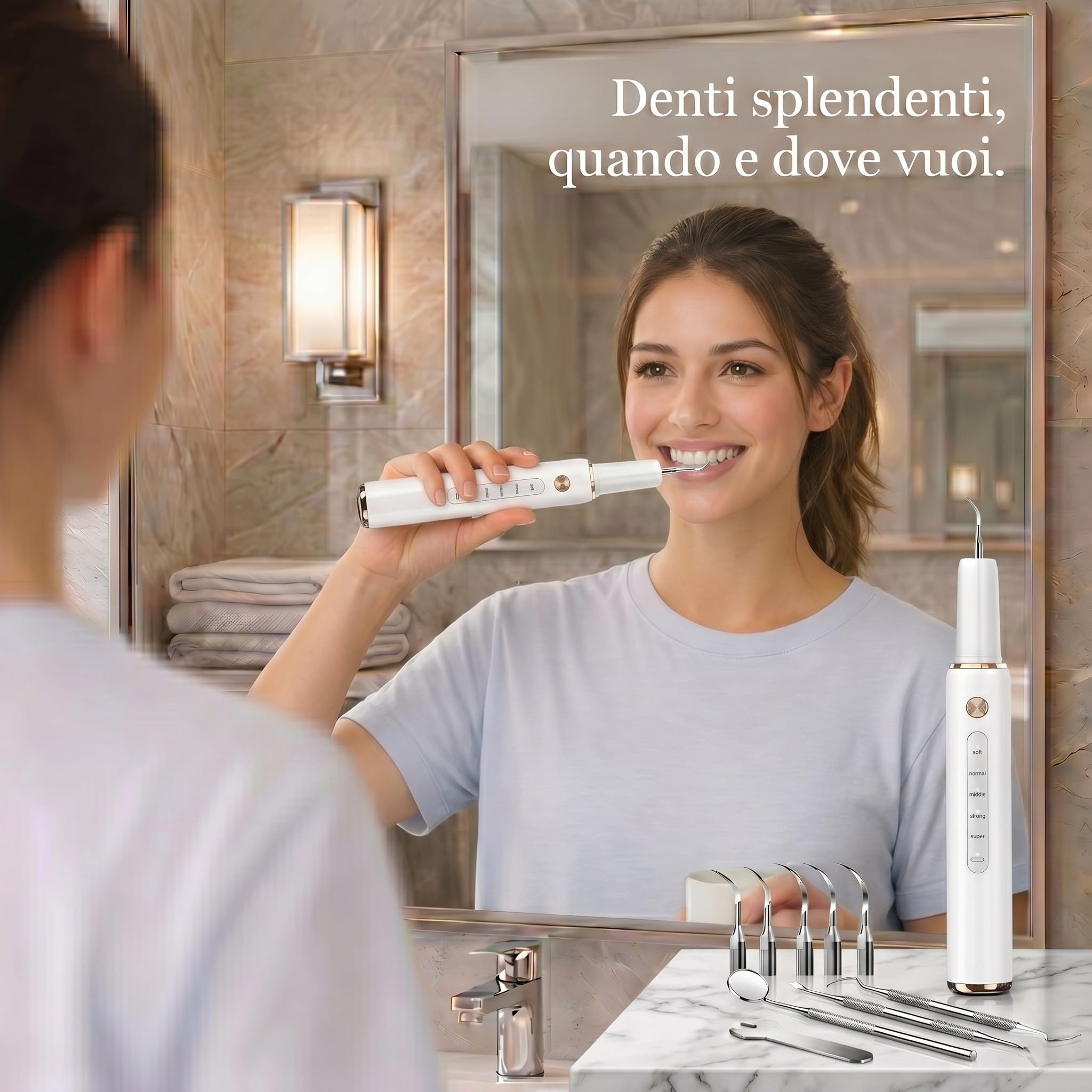 Kit Pulizia Denti Tartaro，Spazzolino Elettrico Ultrasuoni con 5 Modalità Per Rimozione Placca Macchie con 5 Testine Intercambiabili e Luci LED Set da 13 Pezzi per Pulizia Tartaro Uso Quotidiano a Casa