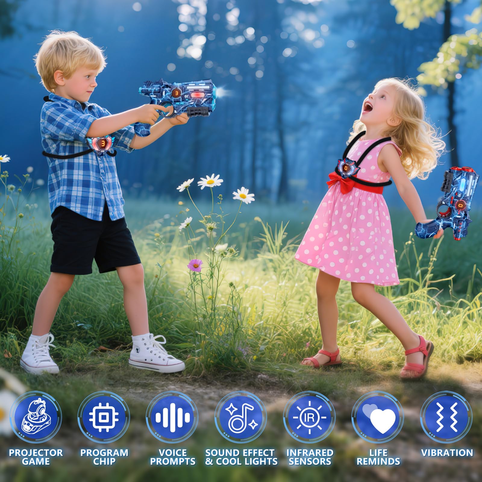 VATOS Wiederaufladbares Laser Tag Set mit Projektor, 2 Spieler Spielzeugpistole mit Projektor und digitaler LED-Punktanzeige, Schießspiele mit 3 Zielen, perfektes Familienspielzeug für Kinder