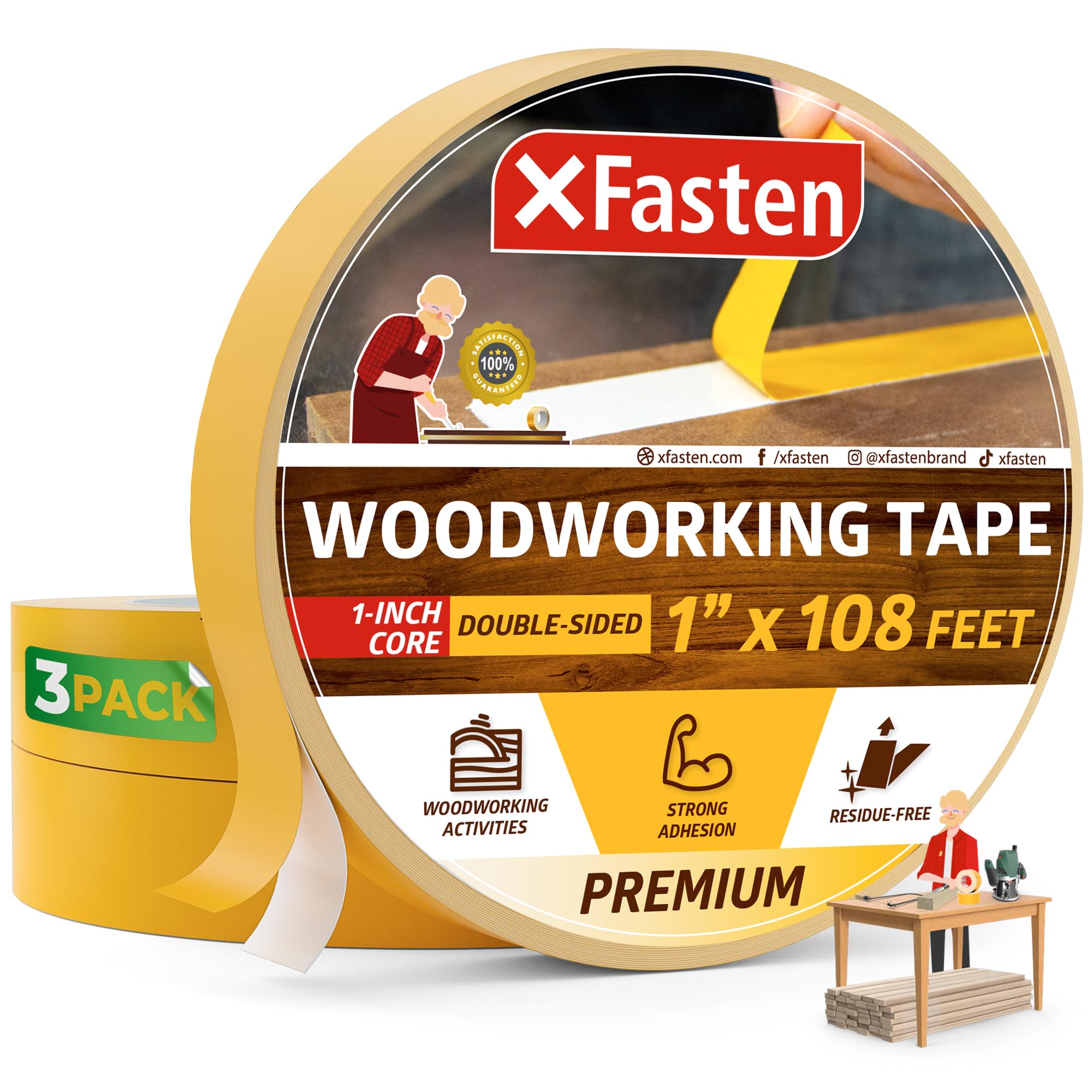 XFasten Double Sided Woodworking Tape 1 inch x 36 Yards 3-Pack 324ft 1-inch Core No Residue Woodworking Double Sided Tape Heavy Duty Wood-safe Wood Glue Tape for Router Templates for Woodworking Tools