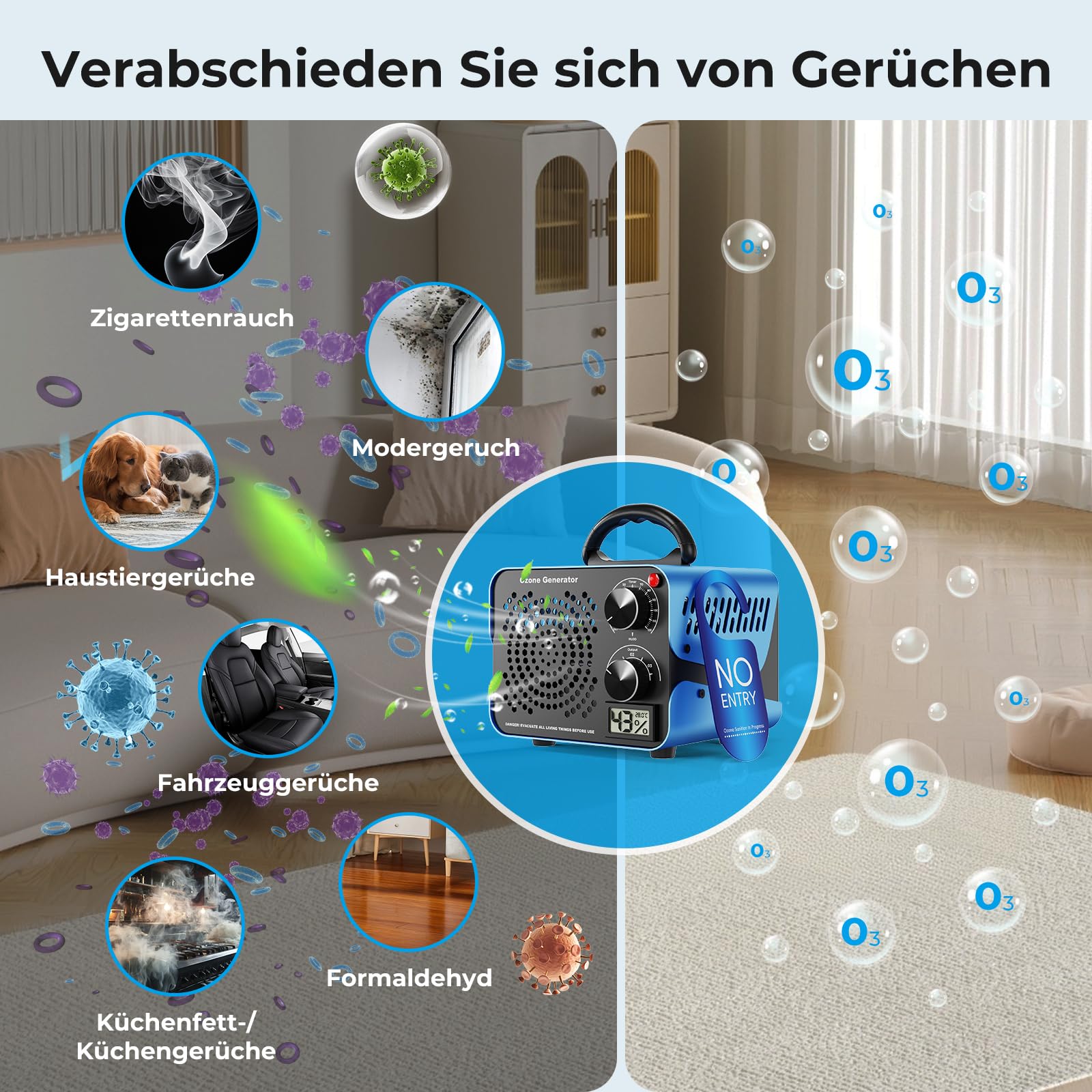 180000mg/g Ozongenerator - 2-In-1 Ozon Luftreiniger,Ozongerät mit Temperatur- und Feuchtigkeitsanzeige,120-Minuten-Timer,Ozonisator Industrieller O3 für Auto Wohnung Hotels Küche und Haustiergerüche