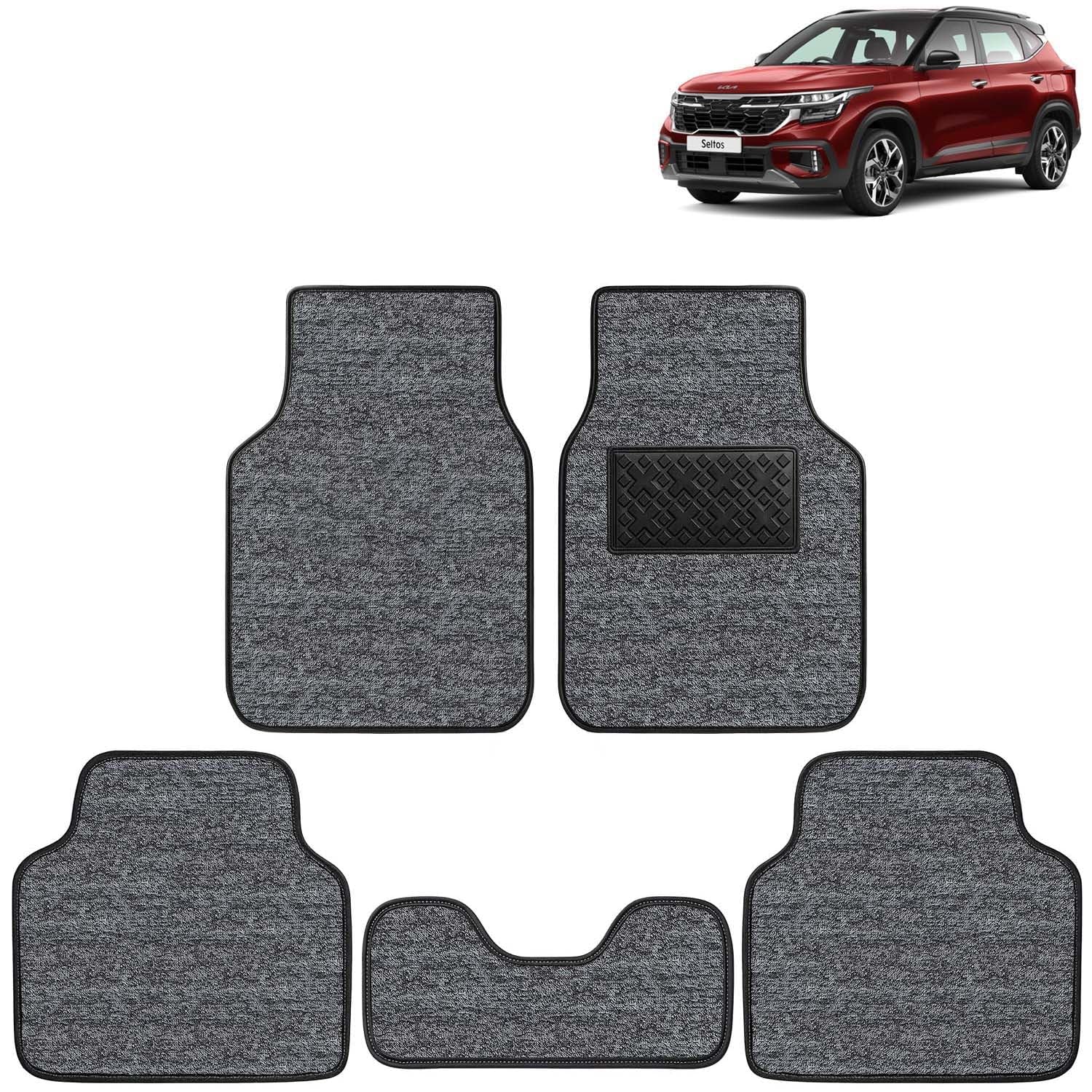 KINGSWAY Accessories Premium Carpet Floor Mats for Your Car Compatible with Kia Seltos (Year 2023-2025) – Complete Set of 5 Pieces, Universal Fit PVC Spike Grass All Weather Foot Mat, Grey Black
