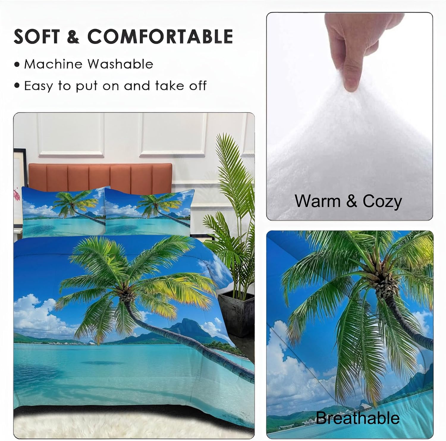 Tropical Resort Beach Comforter Set King Size, Island Palm Trees Bedding Set for Girls Boys, Sapphire Blue Quilt Bed 104"X90" Bedding Comforter Sets with 2 Pillowcase Room Decor