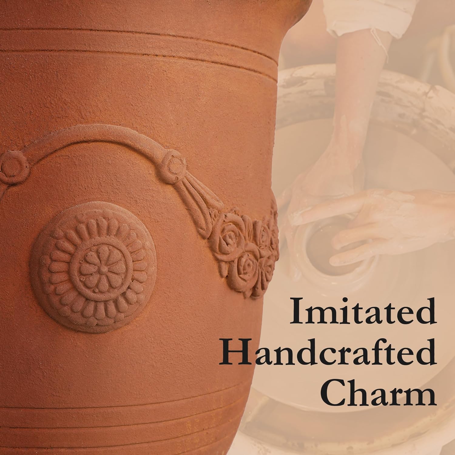 Worth Garden Large Urn Planter - 14" Dia x 17.5" H Lightweight Magnesium Oxide Plant Pot with Cement Texture - Rust-Like Finish Concrete Urn Planter with Drainage Hole for Indoor & Outdoor Decor