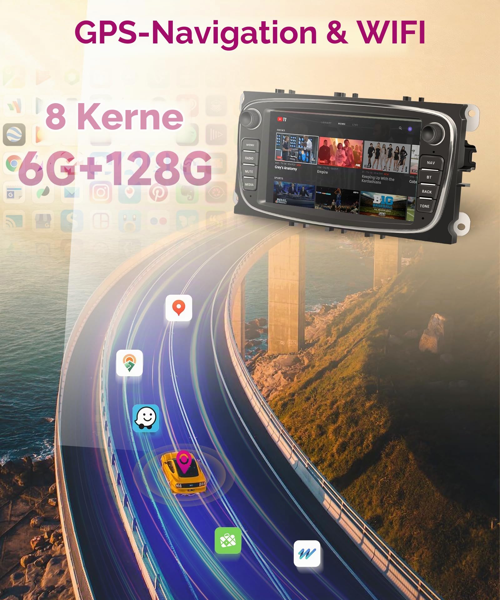 8 Core 6G+128G Android Autoradio für Ford Focus II mk2 Mondeo S-Max C-Max Galaxy 7 Zoll Autoradio mit Wireless Carplay Android Auto Navi GPS WIFI Mirror Link Bluetooth FM/RDS/DSP EQ/SWC Rückfahrkamera