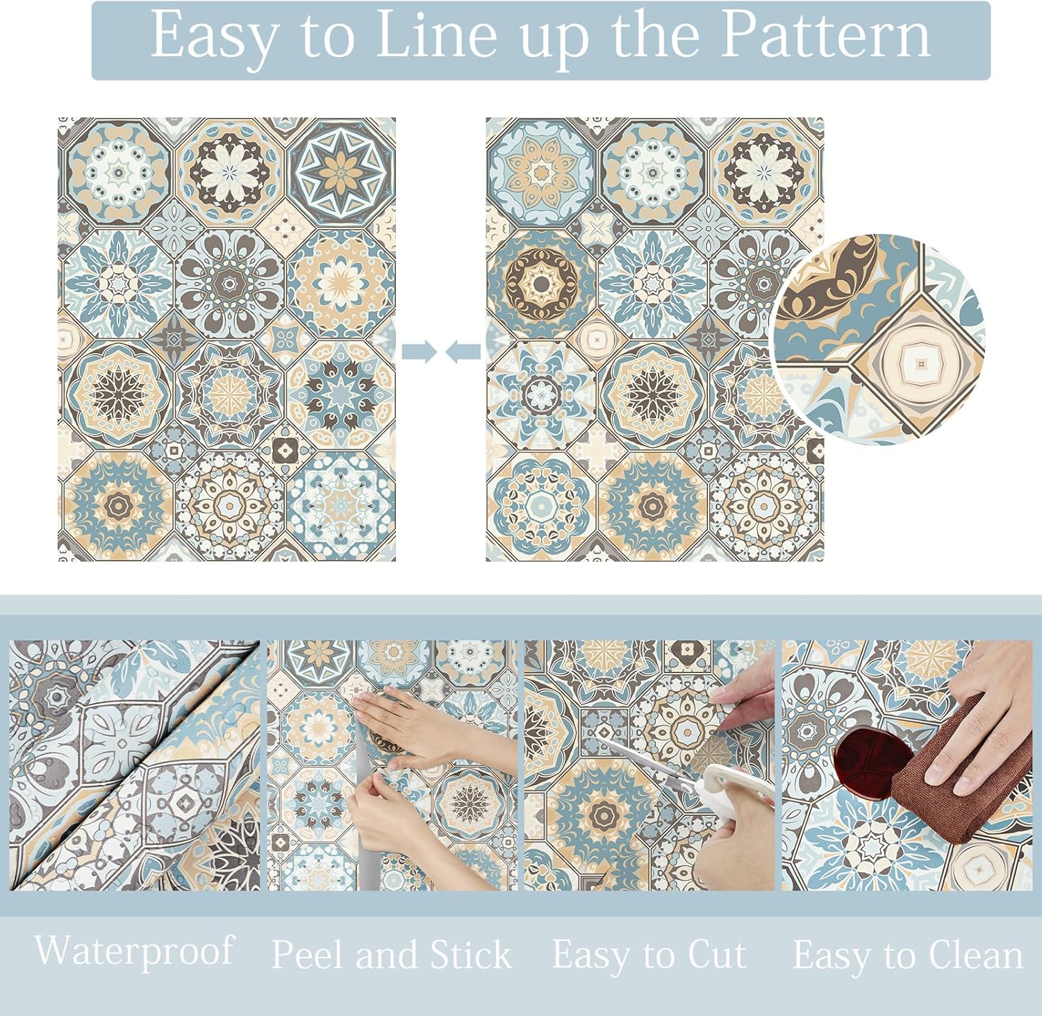 Boho Wallpaper Peel and Stick Bohemian Tiles Contact Paper Peel and Stick Backsplash 17.5"x118" Blue Geometric Wallpaper Self Adhesive Waterproof Contact Paper for Cabinets Bathroom Walls