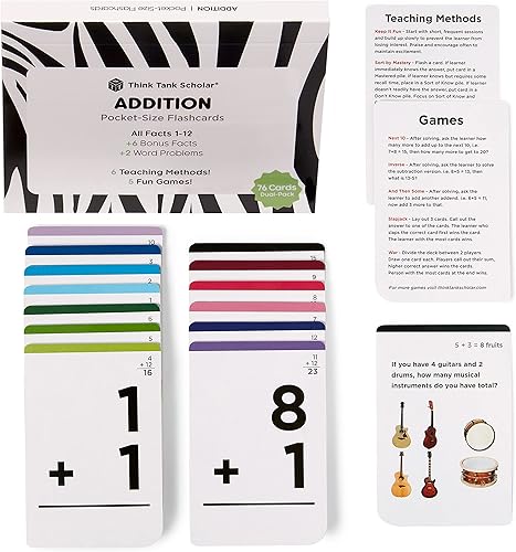 Think Tank Scholar - Tarjetas de estudio de 150 datos de suma (ganador de premio), todos los datos 1 - 12, tarjetas de bolsillo para niños en jardín