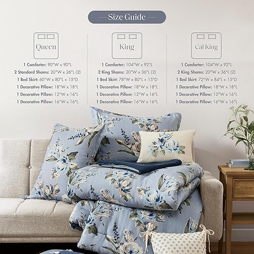 Miniatura 6 de Madison Park Juego de edredón reversible floral vintage, para todas las estaciones, ropa de cama alternativa de plumón tamaño Queen, falda de cama,