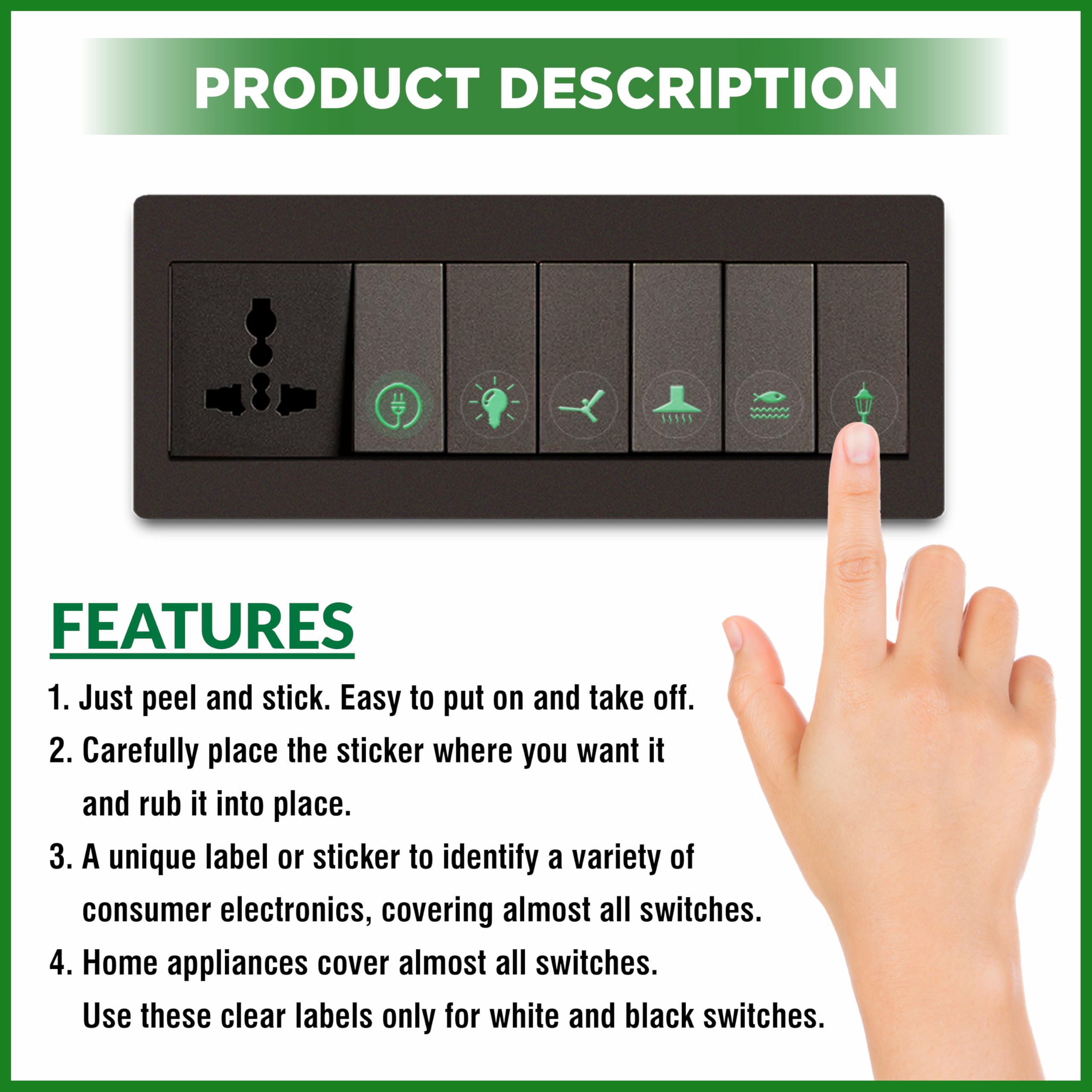Wonder Hub Premium Green Foil Embossed Switch Stickers for Switch Board | Pack of 330 Stickers for Home Including Fan, Light and Many More 4