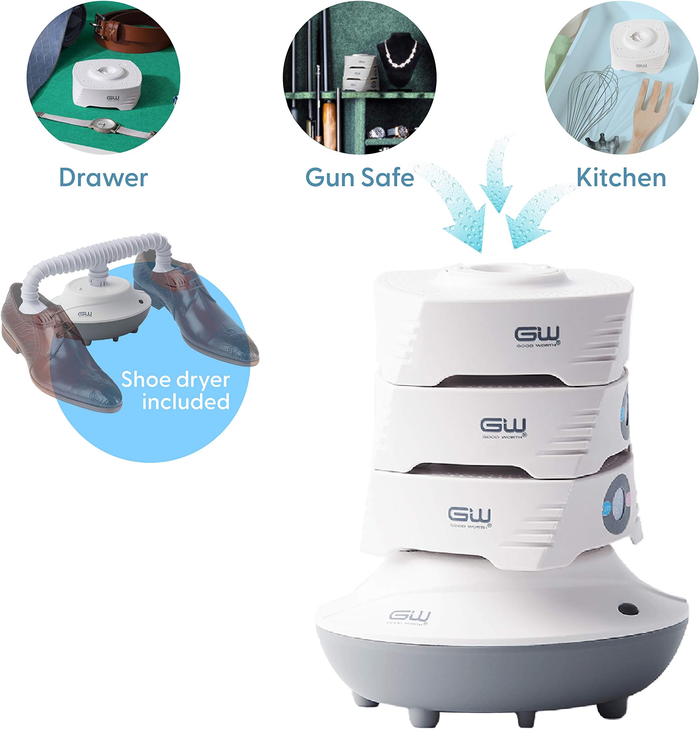 Good Worth Mini Electric Cordless Dehumidifier - 1 Drying Base + 3 Portable Dehumidifiers + 1 Shoe Dryer - Detachable, Portable and Compact - for Basement, Bedroom, Bathroom, RV, Closet