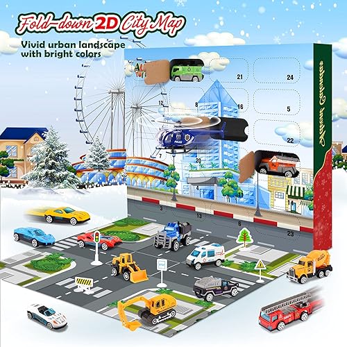 Miniatura 3 de Calendario de Adviento de Navidad 2022 para niños vehículos de aleación y juegos de helicópteros de juguete más 2 alfombrillas de juego, regalo