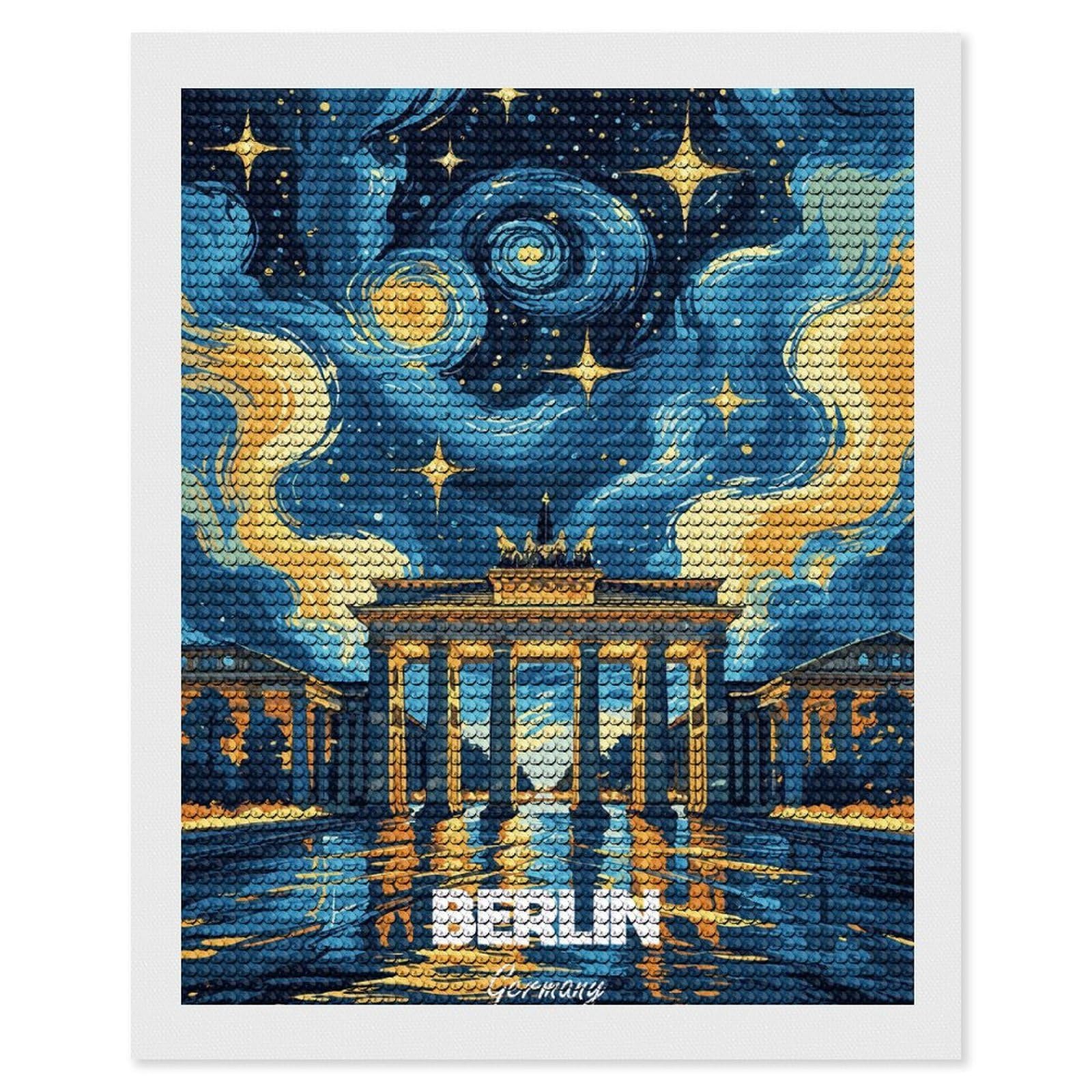 Junmoney Berlin Germany Starry Night Art(2) DIY Diamond Art Canvas Kit 16"x20", Adhesive Canvas, Easy to Enjoy, Farmhouse Decor, Festive Craft Gift