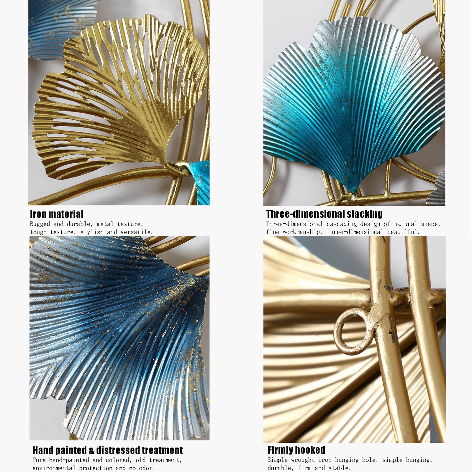 LIUSHI Décoration Murale en métal avec Feuille de Ginkgo 3D, décoration Murale en Fonte de Fer, tenture Murale en Feuille de Ginkgo doré pour Le Bureau de la Chambre du Salon