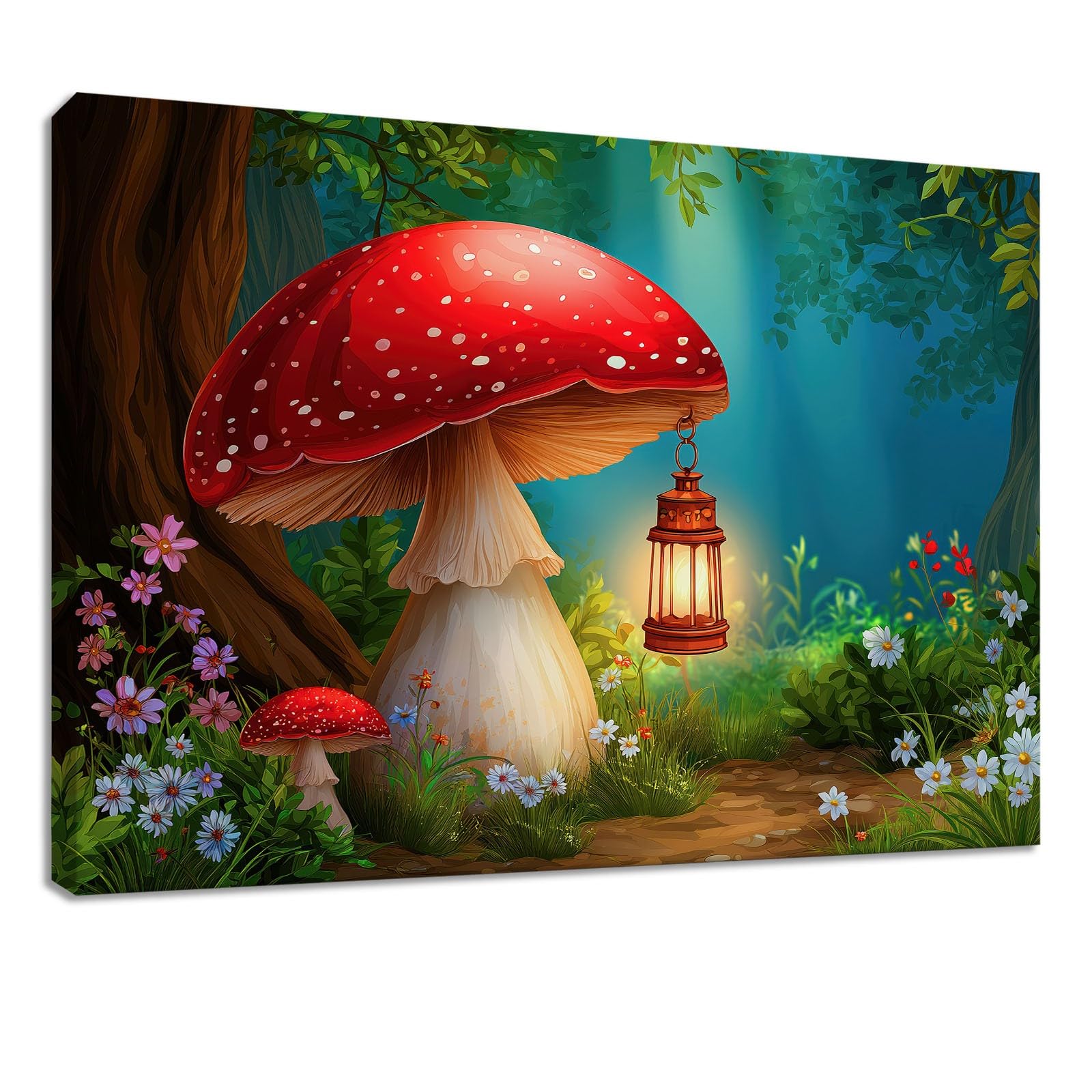 Fantasy Forest – sztuka ścienna, oprawiony obraz na płótnie, oprawiony obraz, do salonu, sypialni, przedpokoju, kuchni lub biura, dekoracja, 90 x 60 cm, zielona dżungla, grzyby, kwiaty, rośliny