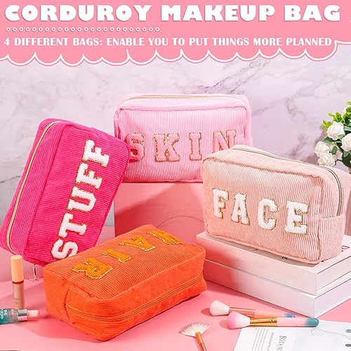 Miniatura 5 de Pinkunn 4 piezas de bolsas de maquillaje preparadas con letras de chenilla, organizador de viaje para la cara, la piel y el cabello, bolsa de
