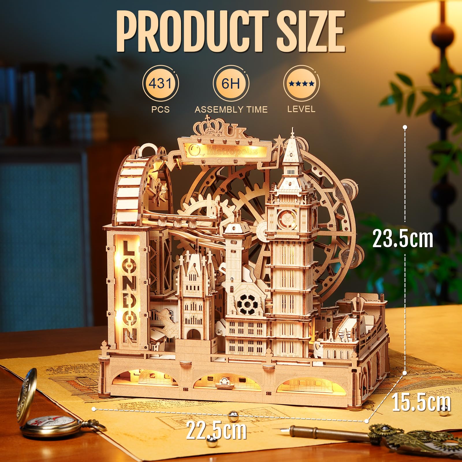 ROKR Marble Travel London EGB01 3D drewniane puzzle dla dorosłych zestaw modelu z kulkami z diodami LED London Eye Big Ben Tower Bridge zestawy rzemieślnicze dekoracja domu i biurka prezenty-puzzle