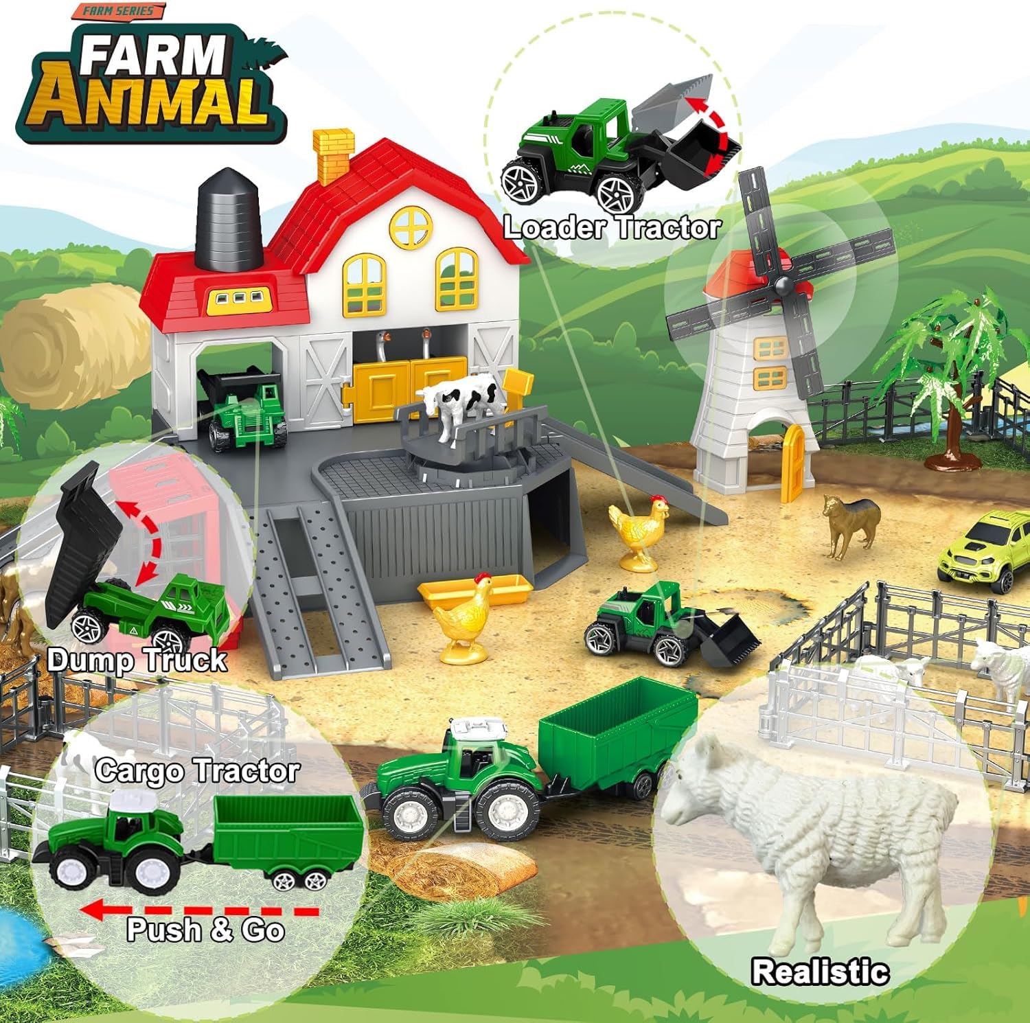 Frontoytall Farm Toy Set from 3 Years, 49-Piece Farm Animals Playset with Barn, Tractor, Truck, Fences & Durable Play Mat - Image 4