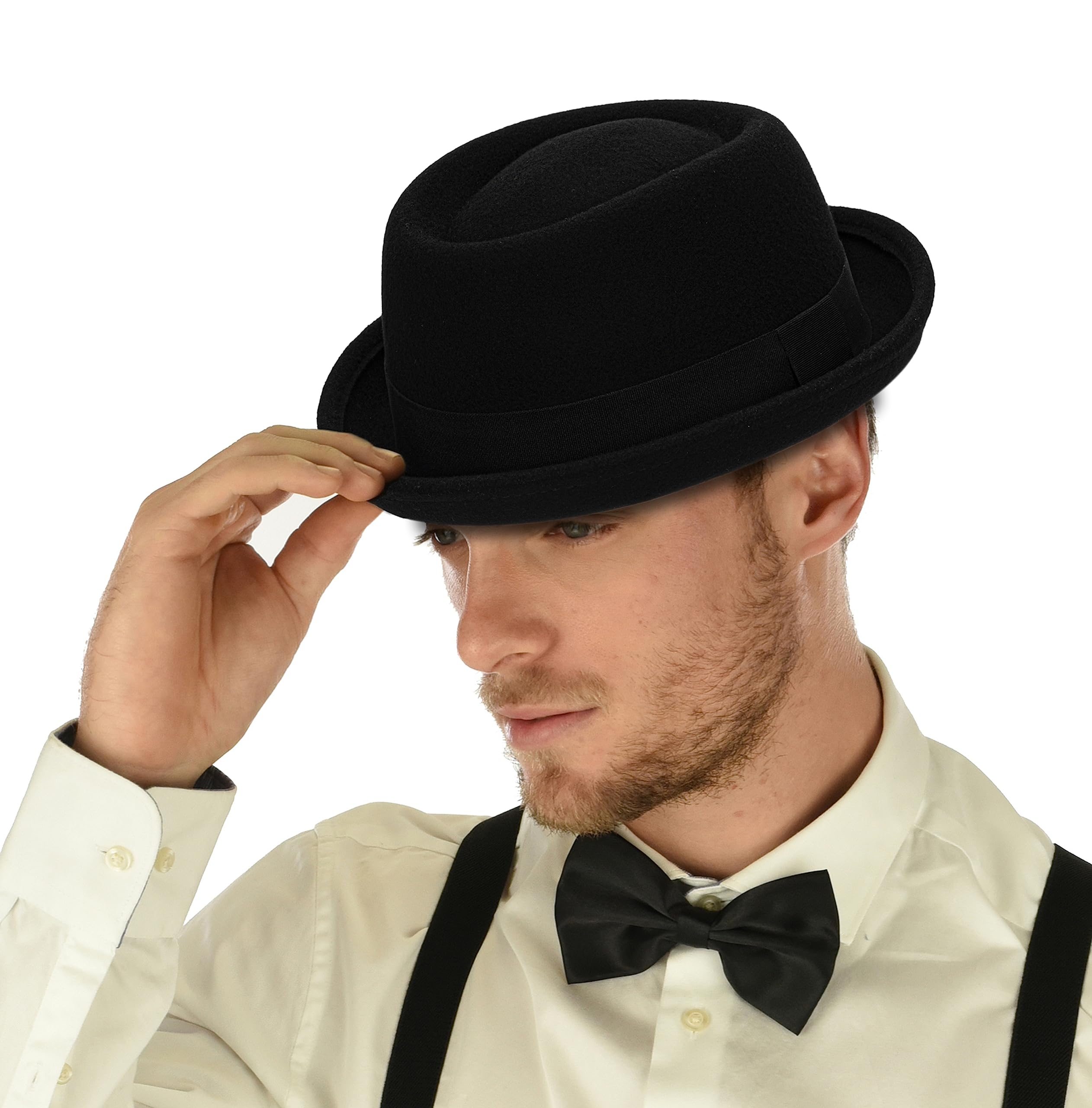 INOGIHClassic 1920s Pure-Wool Roll-Brim Pork- Pie Fedora-Hat Men Women - Crushable Short-Brim Church Hat Boater-Hat